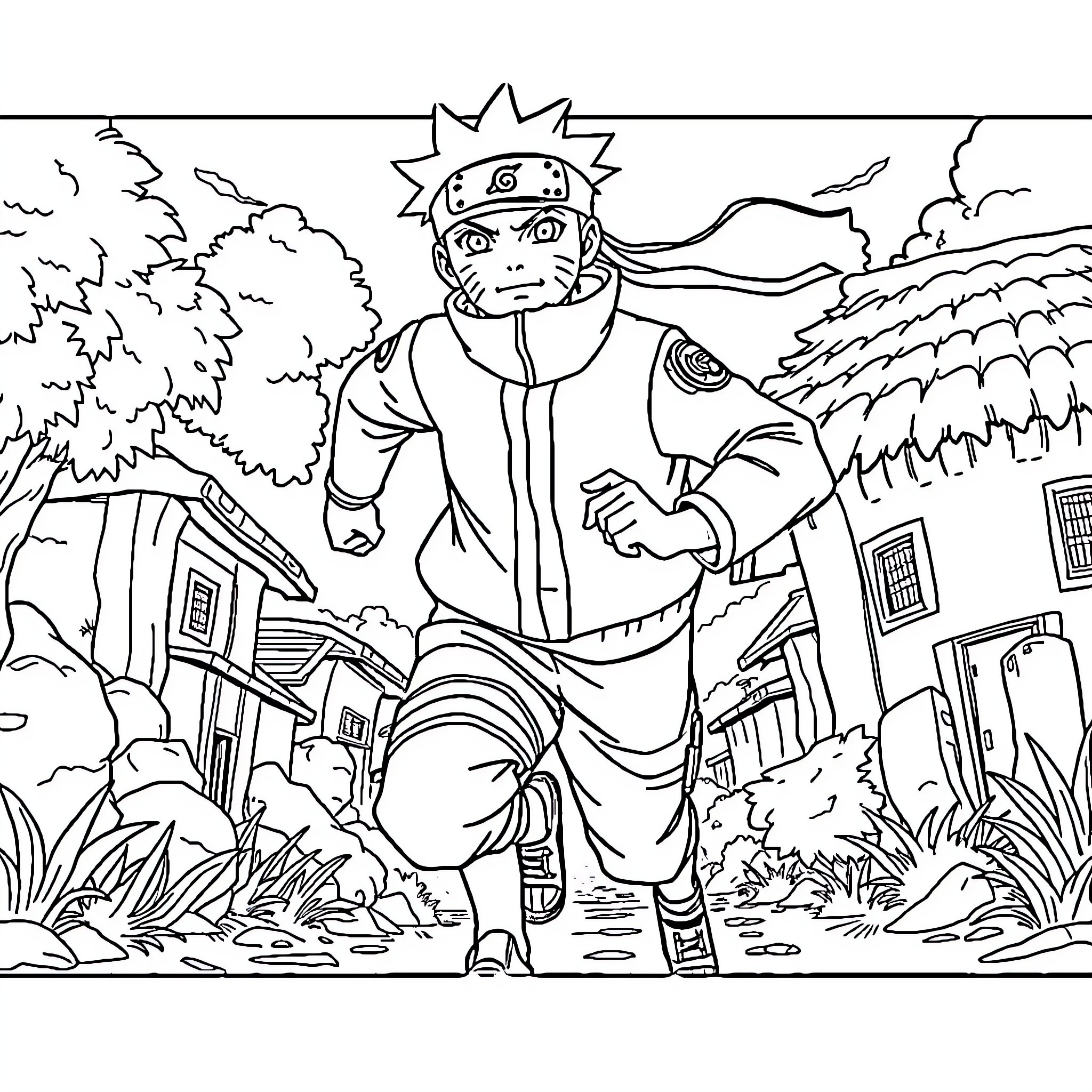 Naruto character in action scene with village backdrop Coloring Page (free black-and-white line drawing printable PDF for all, from beginners to advanced learners, including children, teens, adults, and seniors)