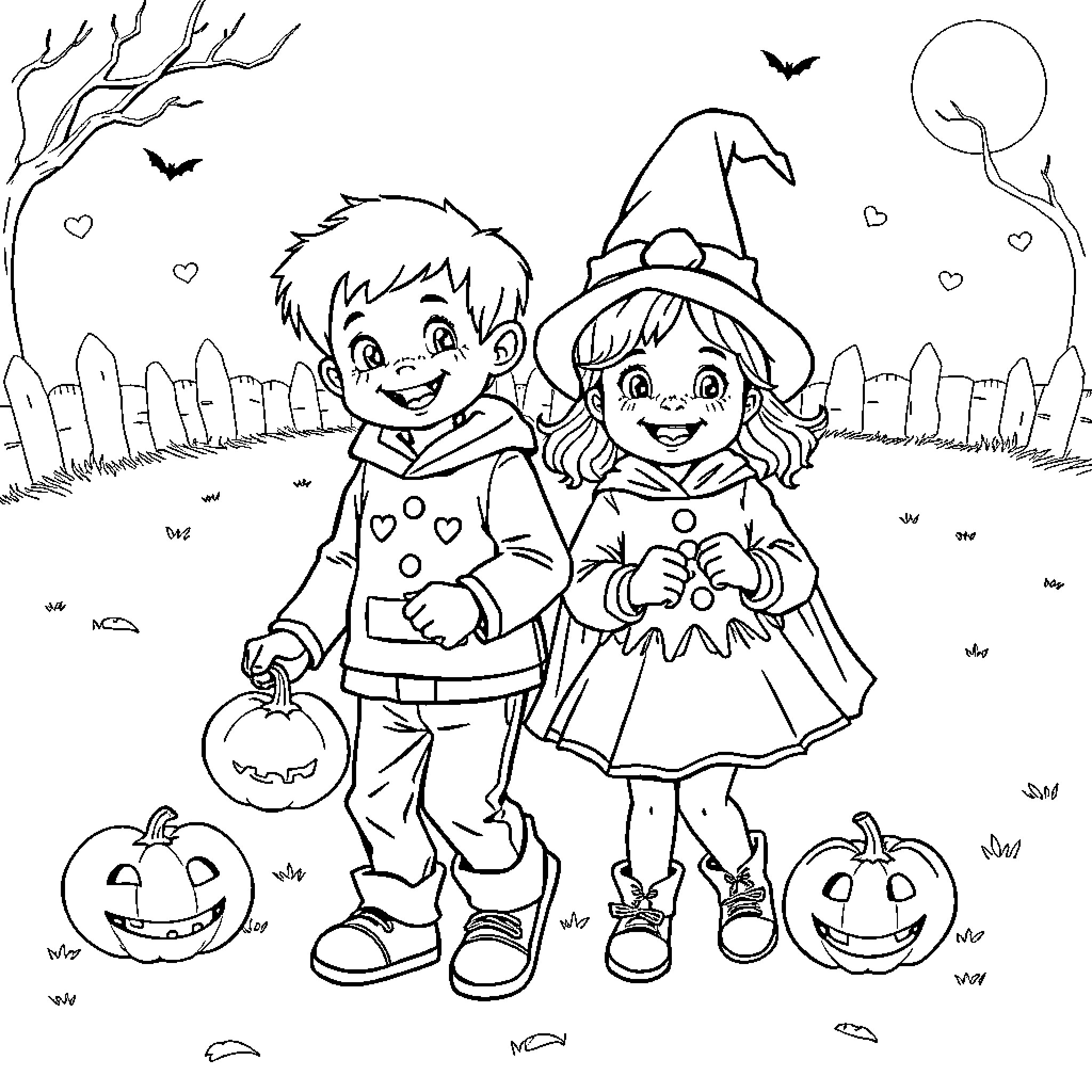 Twin trick-or-treaters enjoying Halloween night Coloring Page (free black-and-white line drawing printable PDF for all, from beginners to advanced learners, including children, teens, adults, and seniors)