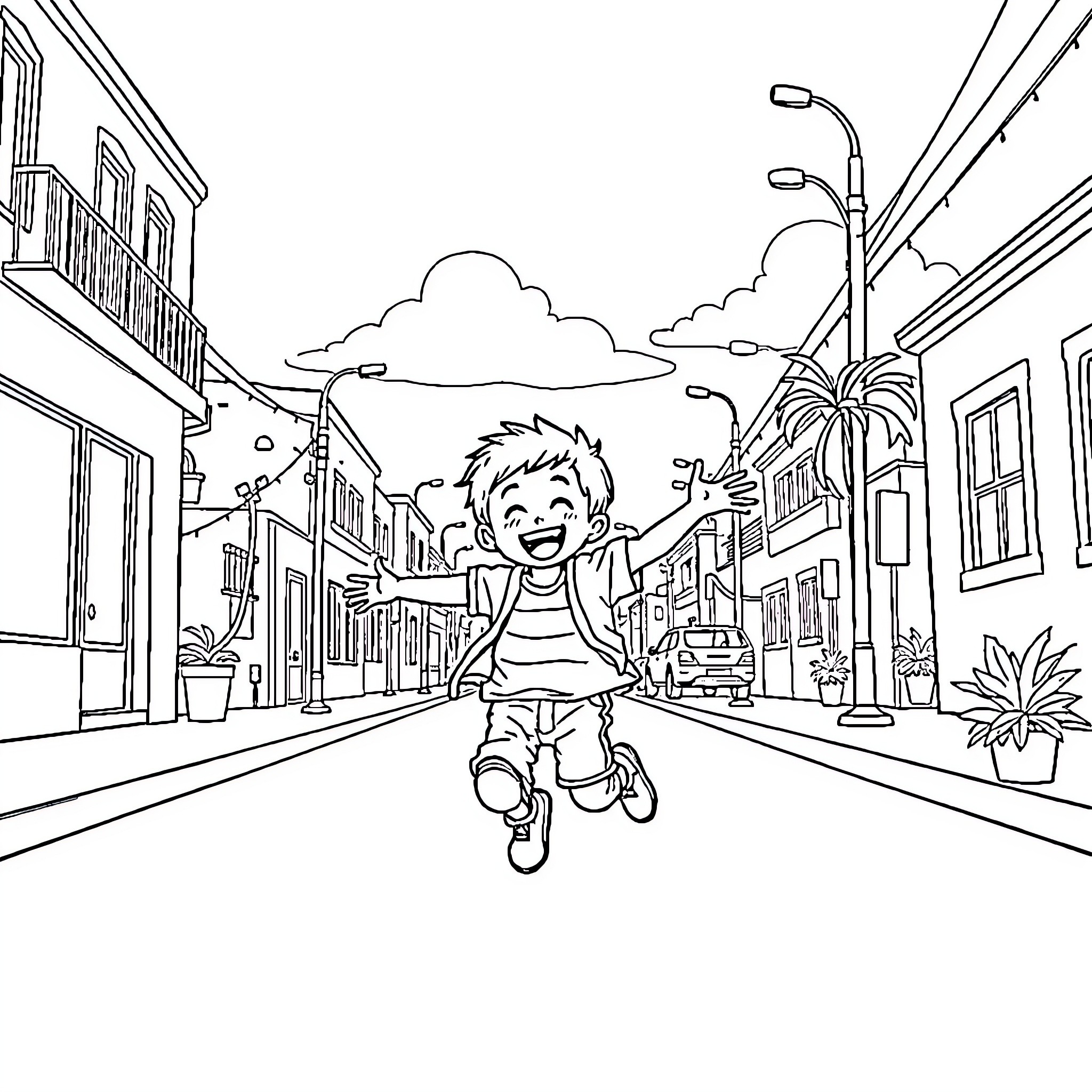Kid happily running down a city street Coloring Page (free black-and-white line drawing printable PDF for all, from beginners to advanced learners, including children, teens, adults, and seniors)