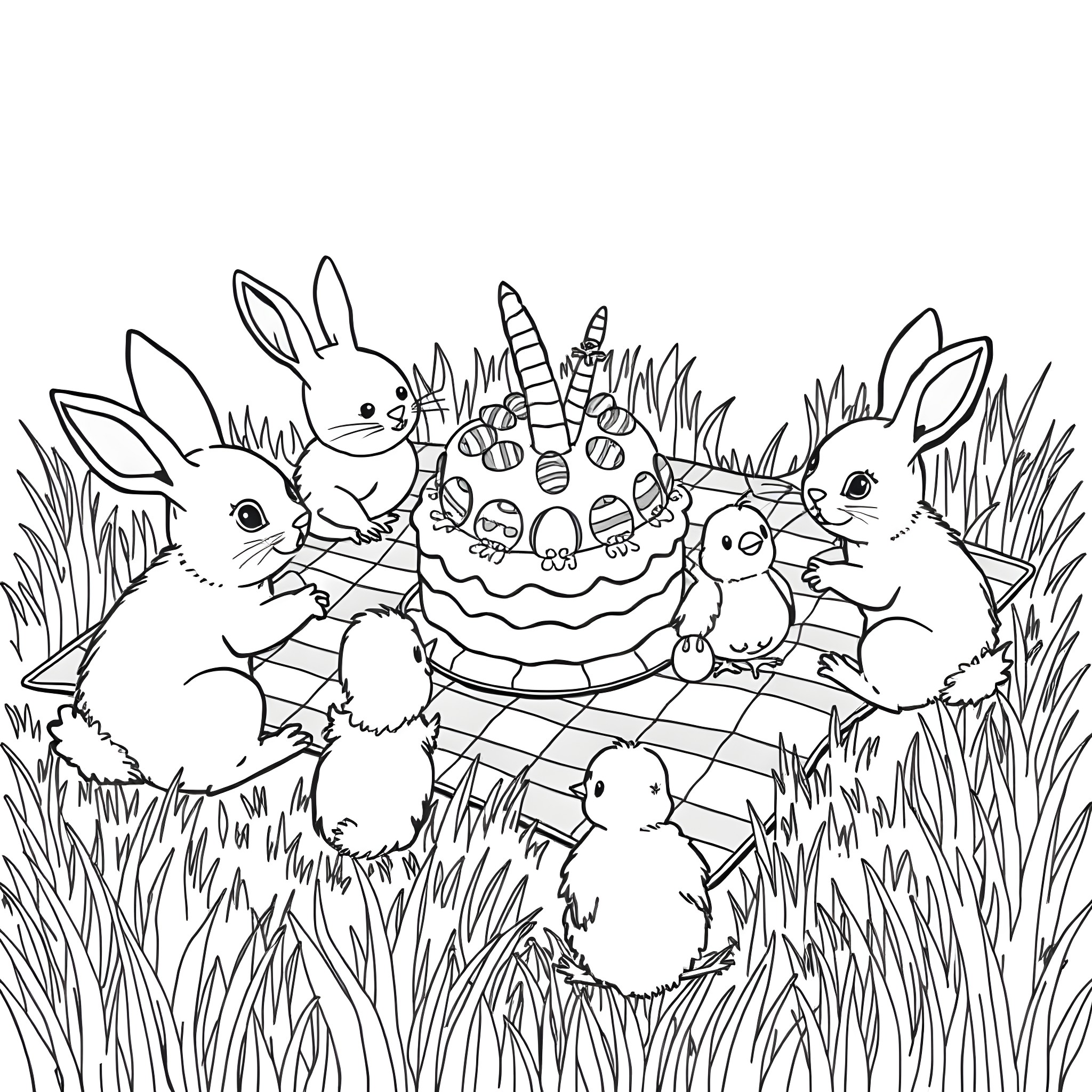 Bunnies Celebrating with Cake in Meadow Coloring Page (free black-and-white line drawing printable PDF for all, from beginners to advanced learners, including children, teens, adults, and seniors)