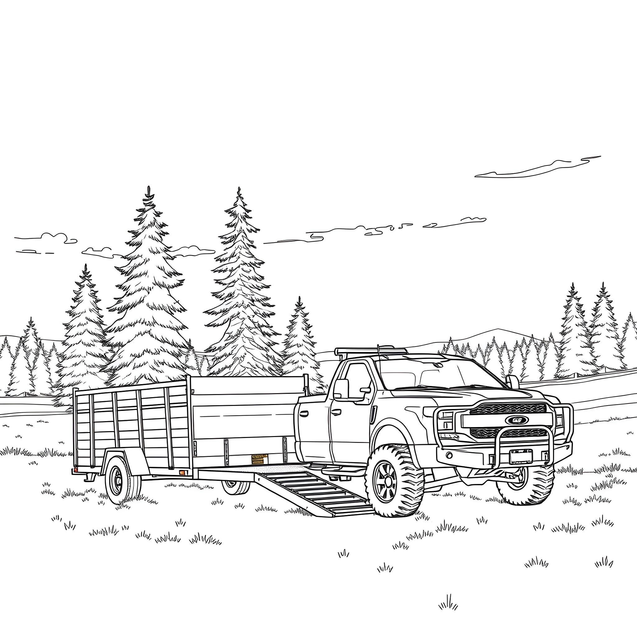 Car Trailer Hauling Supplies in a Snowy Forest Coloring Page (free black-and-white line drawing printable PDF for all, from beginners to advanced learners, including children, teens, adults, and seniors)