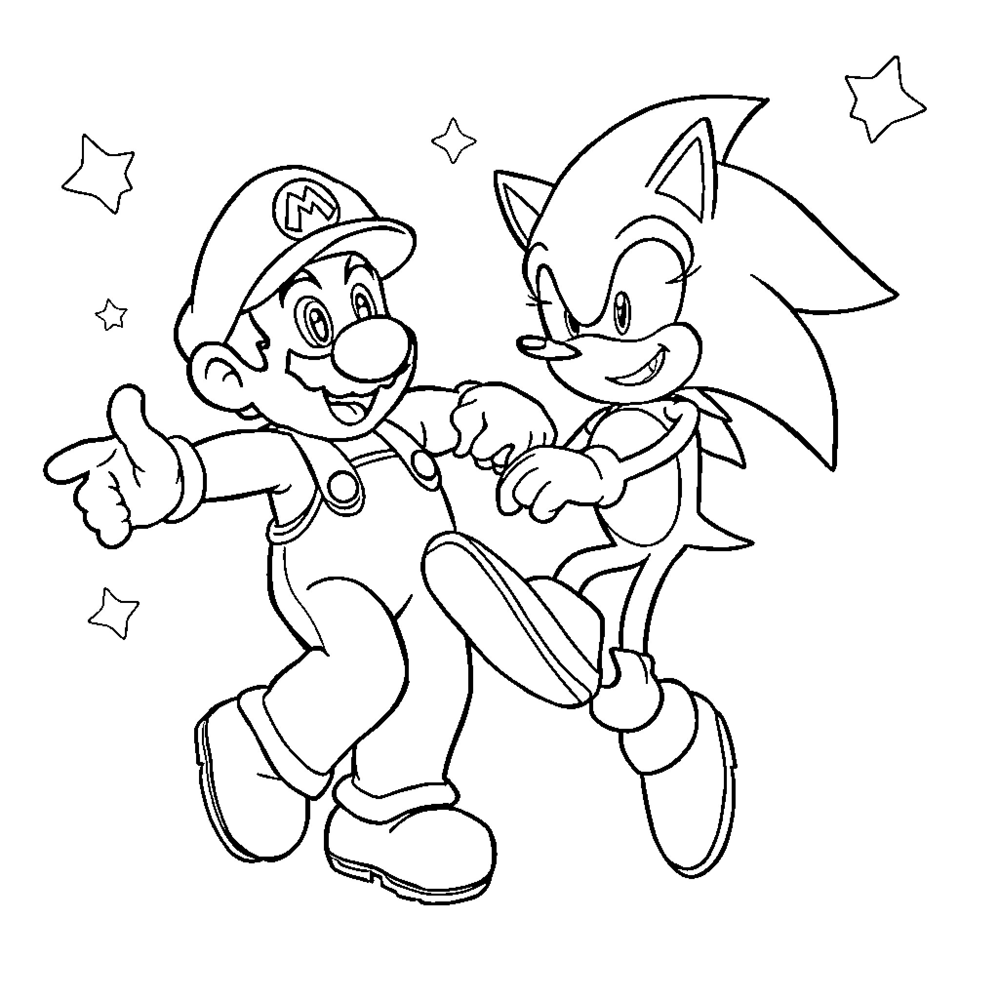 Mario and Sonic's Playful Adventure Coloring Page (free black-and-white line drawing printable PDF for all, from beginners to advanced learners, including children, teens, adults, and seniors)