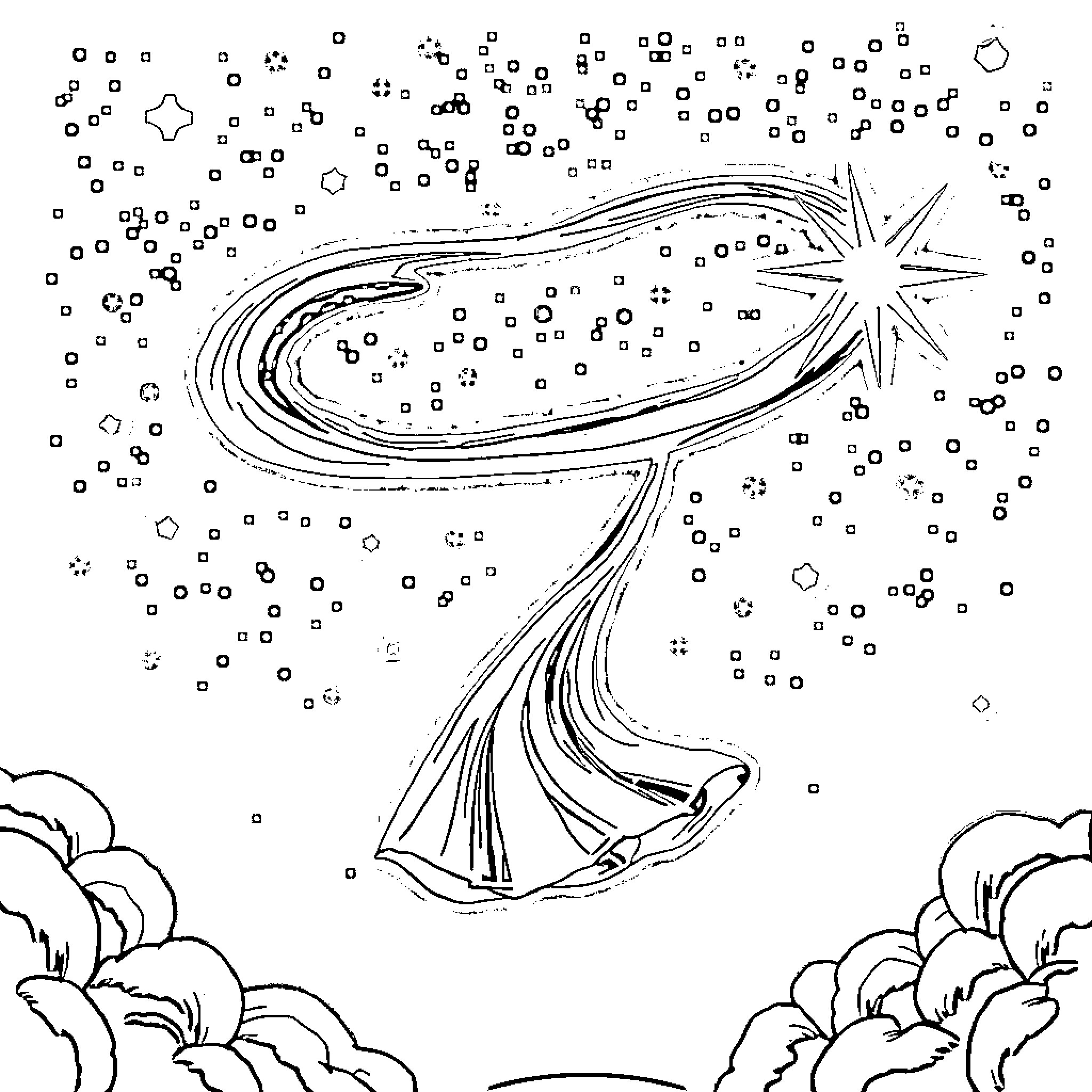 Firefly dancing through the starry night Coloring Page (free black-and-white line drawing printable PDF for all, from beginners to advanced learners, including children, teens, adults, and seniors)