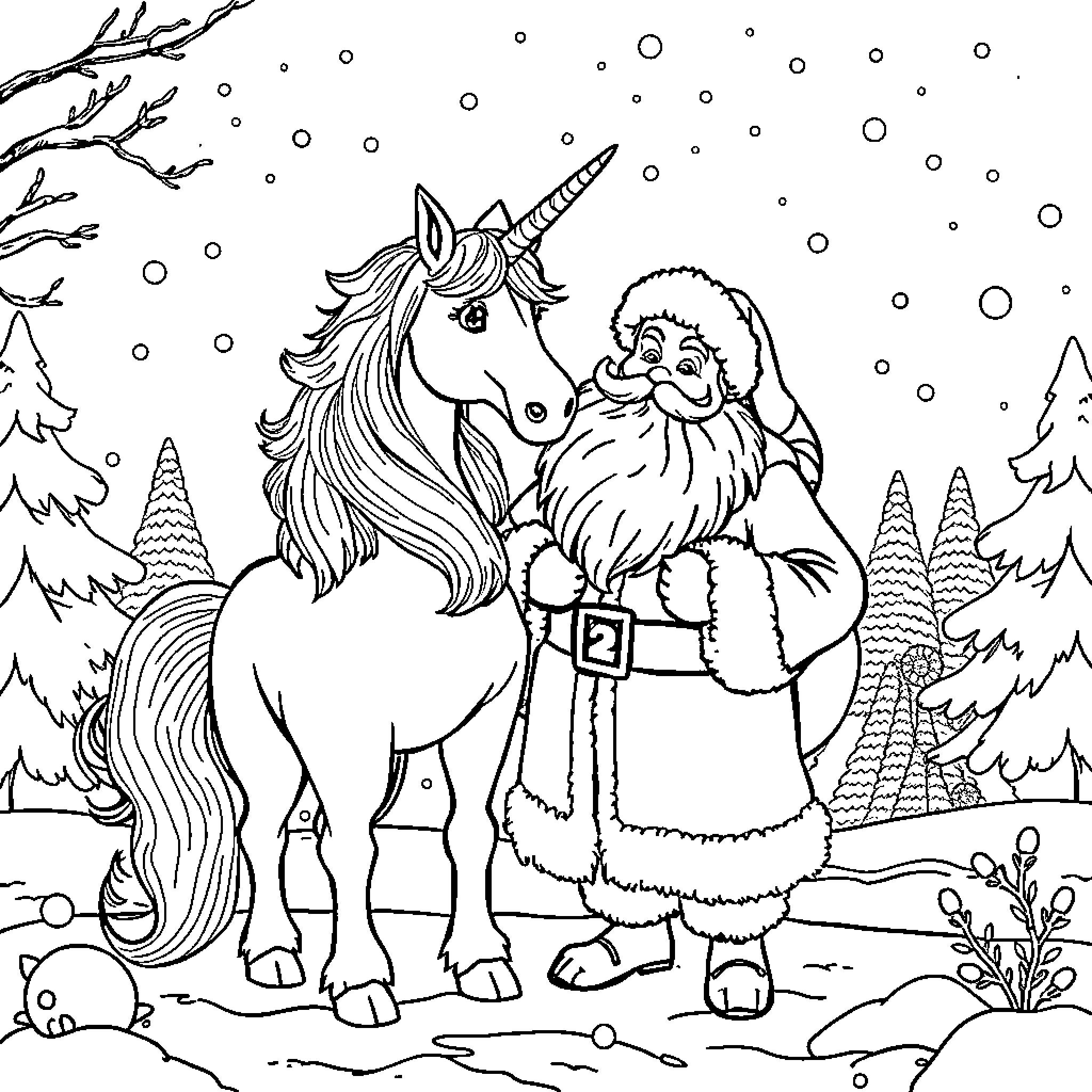 Unicorn and Santa in Snowy Winter Wonderland Coloring Page (free black-and-white line drawing printable PDF for all, from beginners to advanced learners, including children, teens, adults, and seniors)