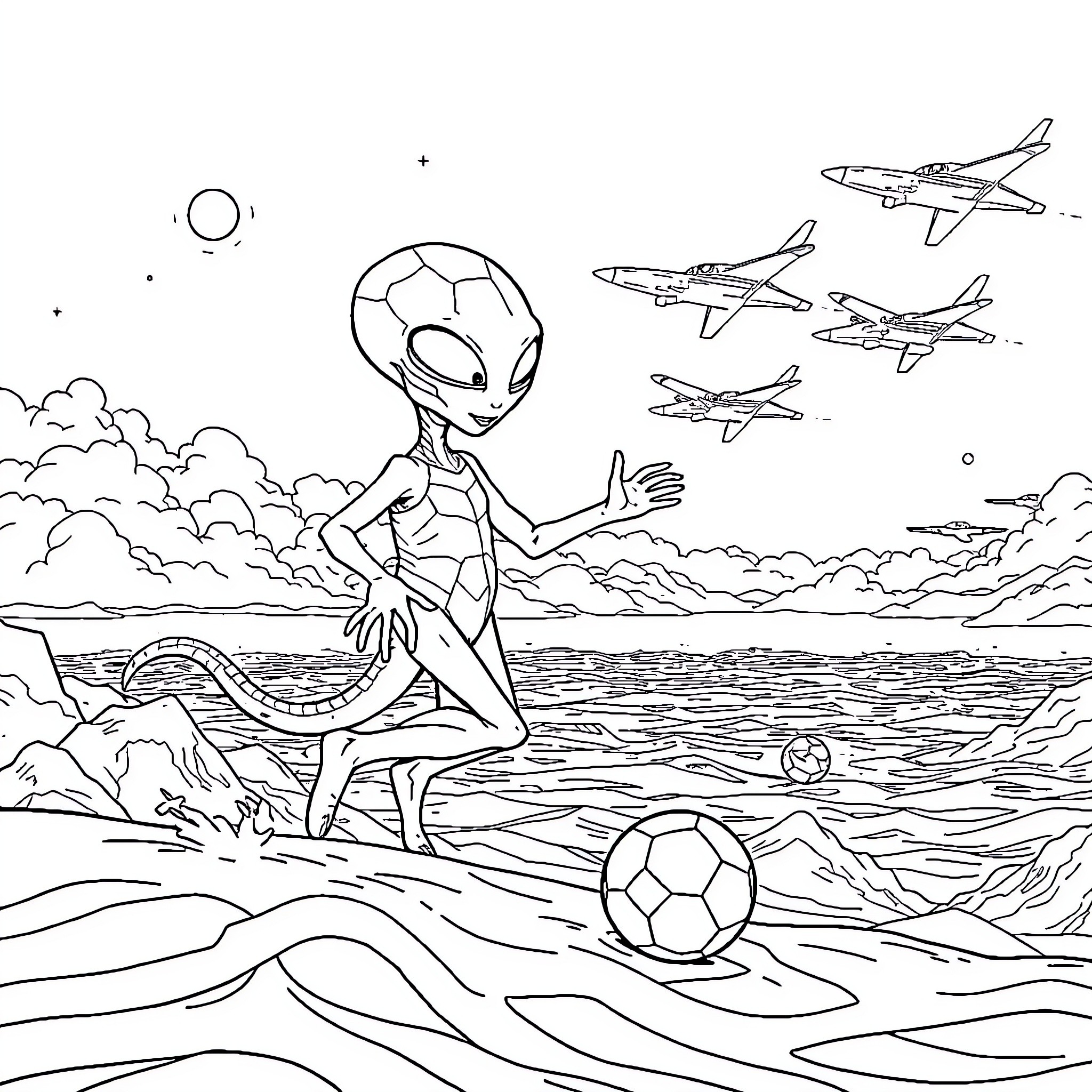 Alien playing soccer on alien beach with spaceships Coloring Page (free black-and-white line drawing printable PDF for all, from beginners to advanced learners, including children, teens, adults, and seniors)