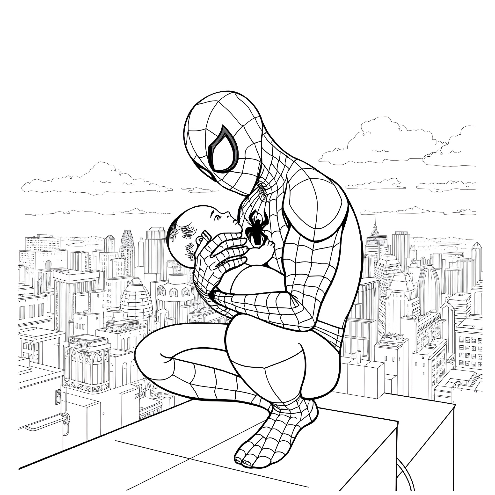 Spider-Man contemplating on a city rooftop Coloring Page (free black-and-white line drawing printable PDF for all, from beginners to advanced learners, including children, teens, adults, and seniors)