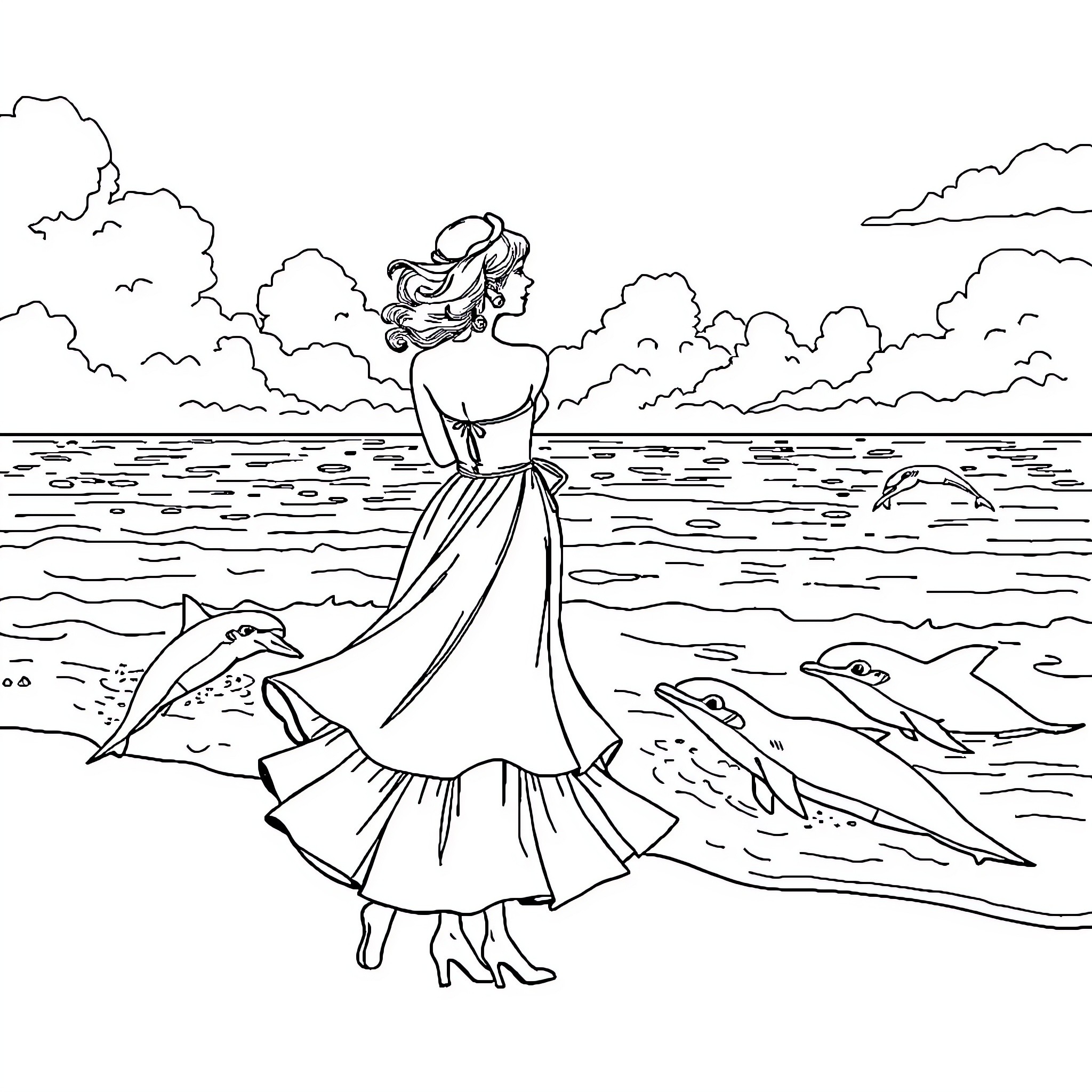 Bailarina posing gracefully by the sea Coloring Page (free black-and-white line drawing printable PDF for all, from beginners to advanced learners, including children, teens, adults, and seniors)