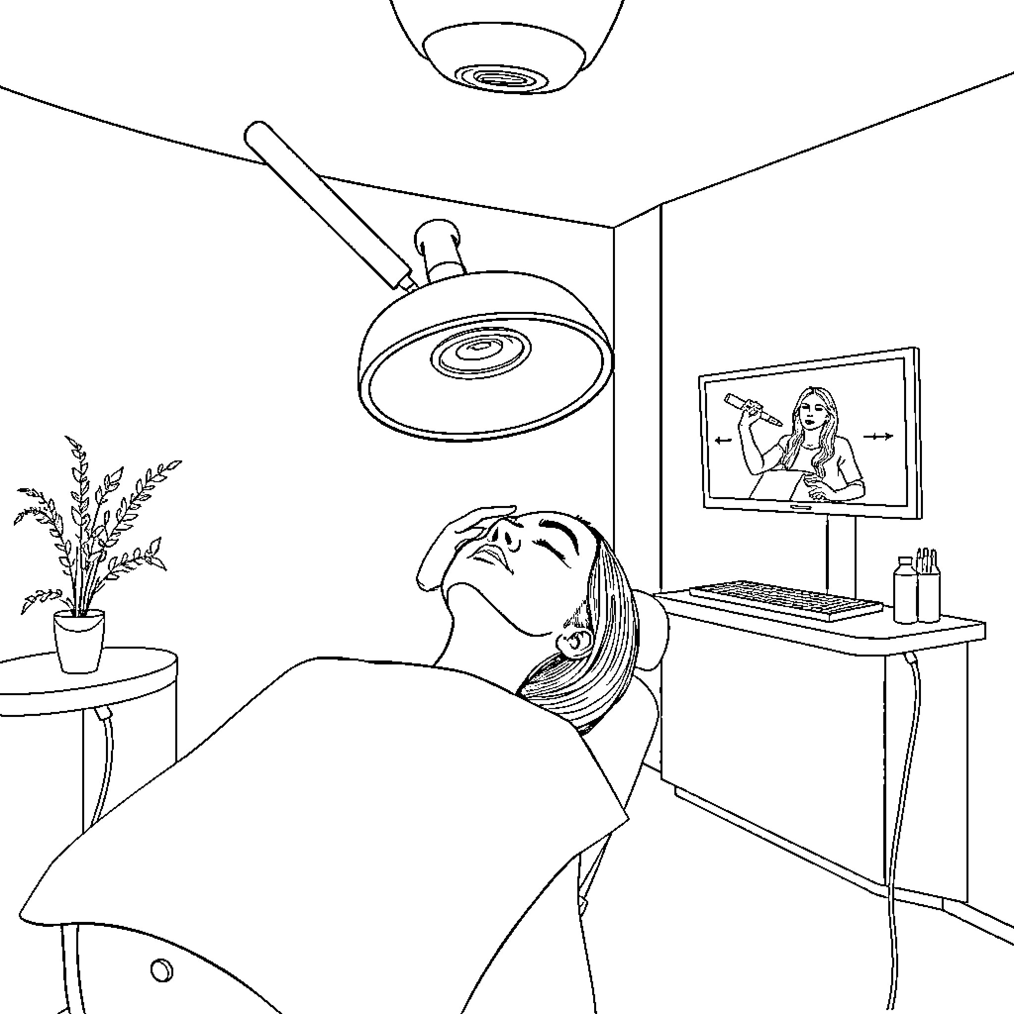 BBL Procedure Illustrated in Medical Setting Coloring Page (free black-and-white line drawing printable PDF for all, from beginners to advanced learners, including children, teens, adults, and seniors)