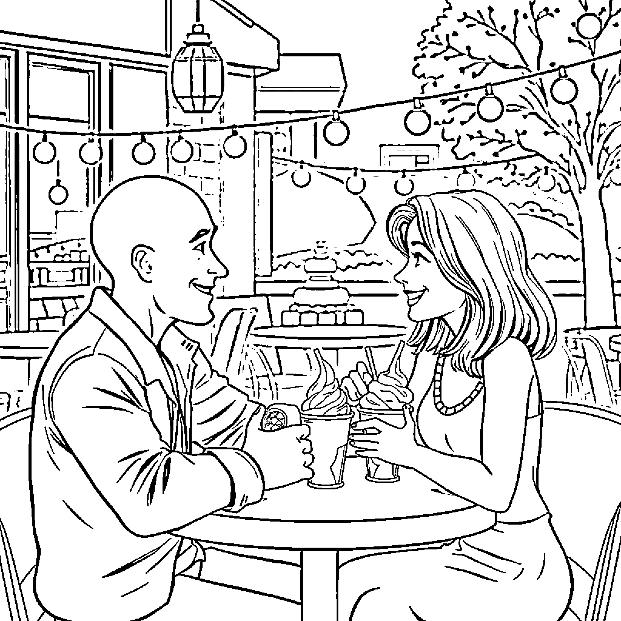 Date night at a cozy cafe Coloring Page (free black-and-white line drawing printable PDF for all, from beginners to advanced learners, including children, teens, adults, and seniors)
