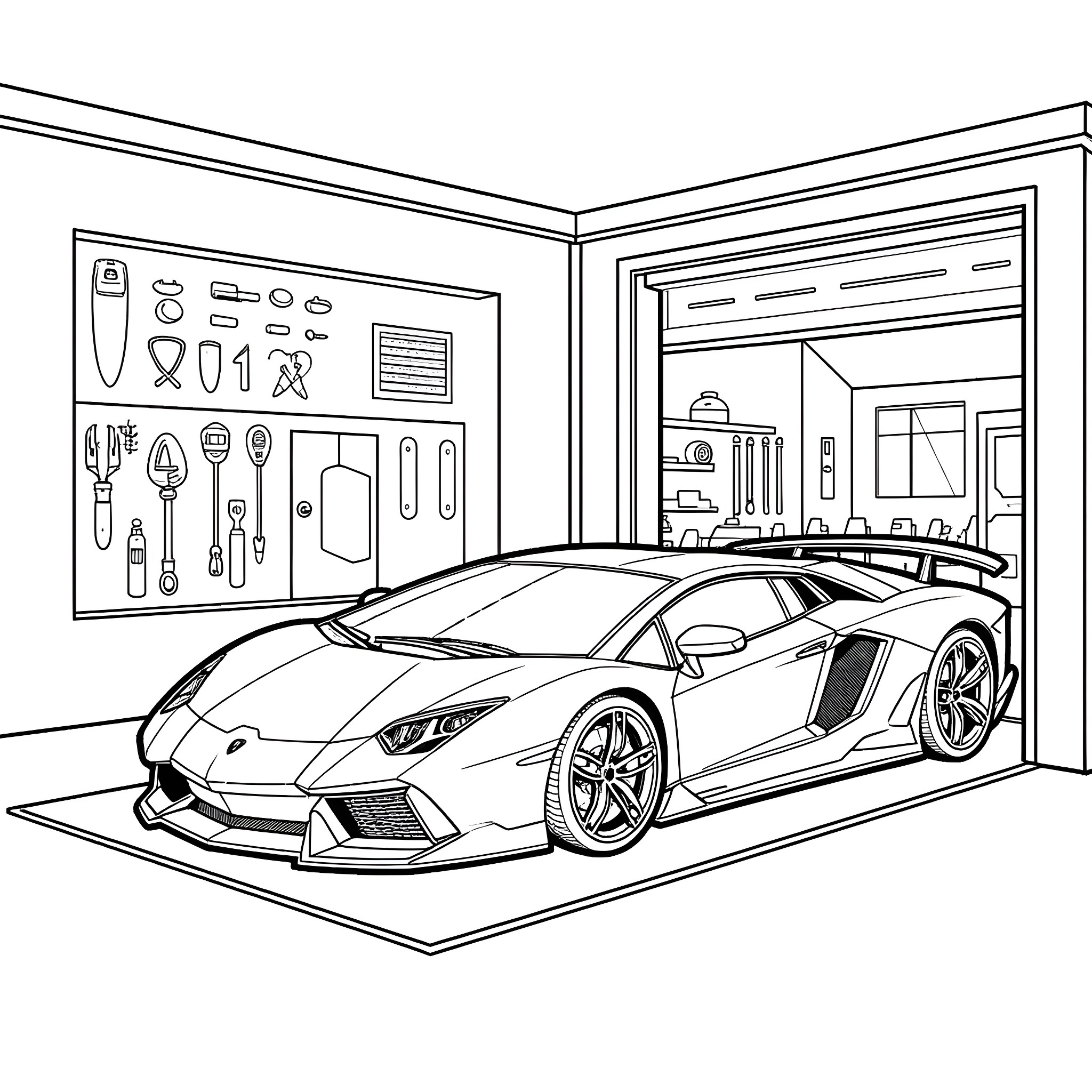 Lamborghini Supercar in Garage Workshop Coloring Page (free black-and-white line drawing printable PDF for all, from beginners to advanced learners, including children, teens, adults, and seniors)