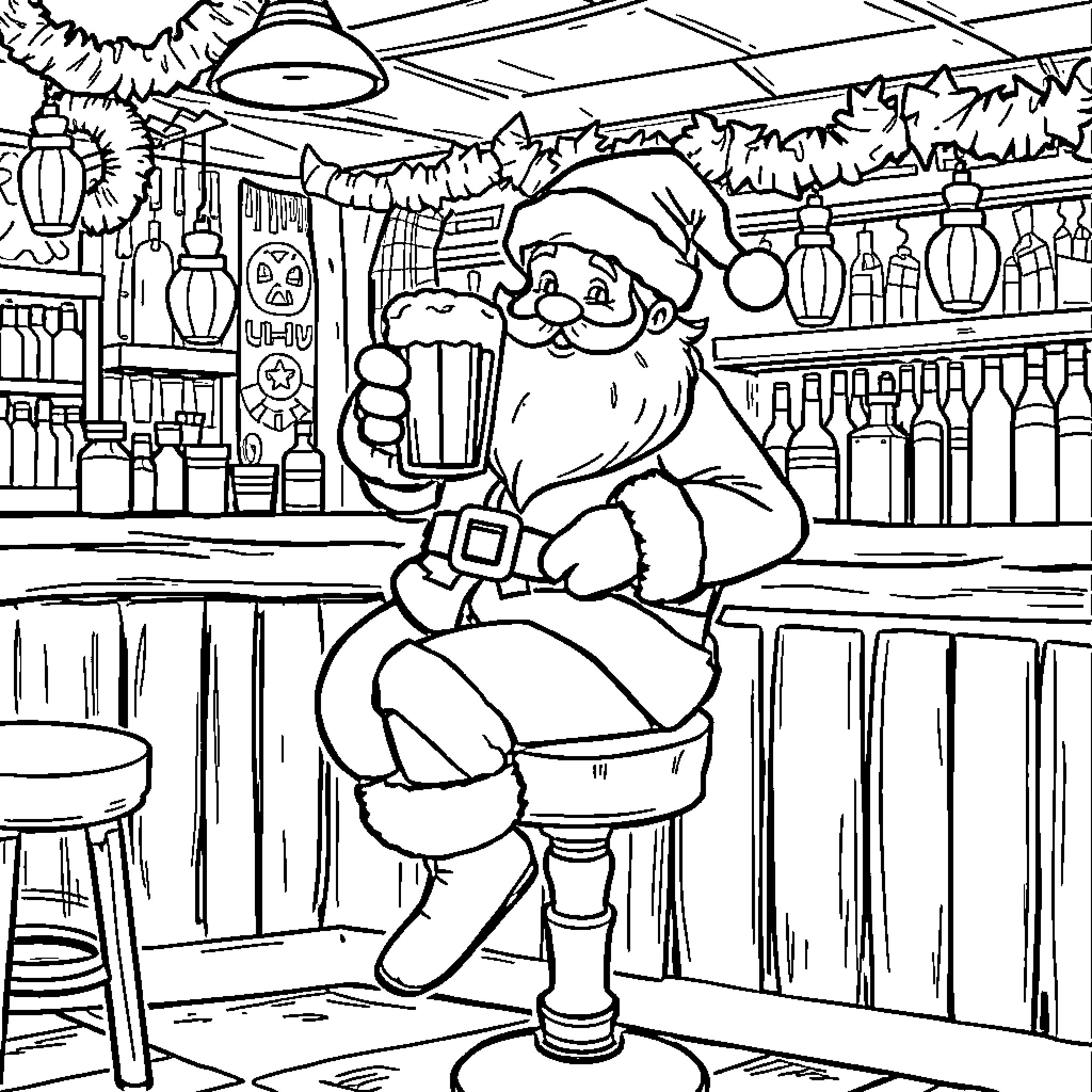 Santa Claus Enjoying a Drink at the Bar Coloring Page (free black-and-white line drawing printable PDF for all, from beginners to advanced learners, including children, teens, adults, and seniors)