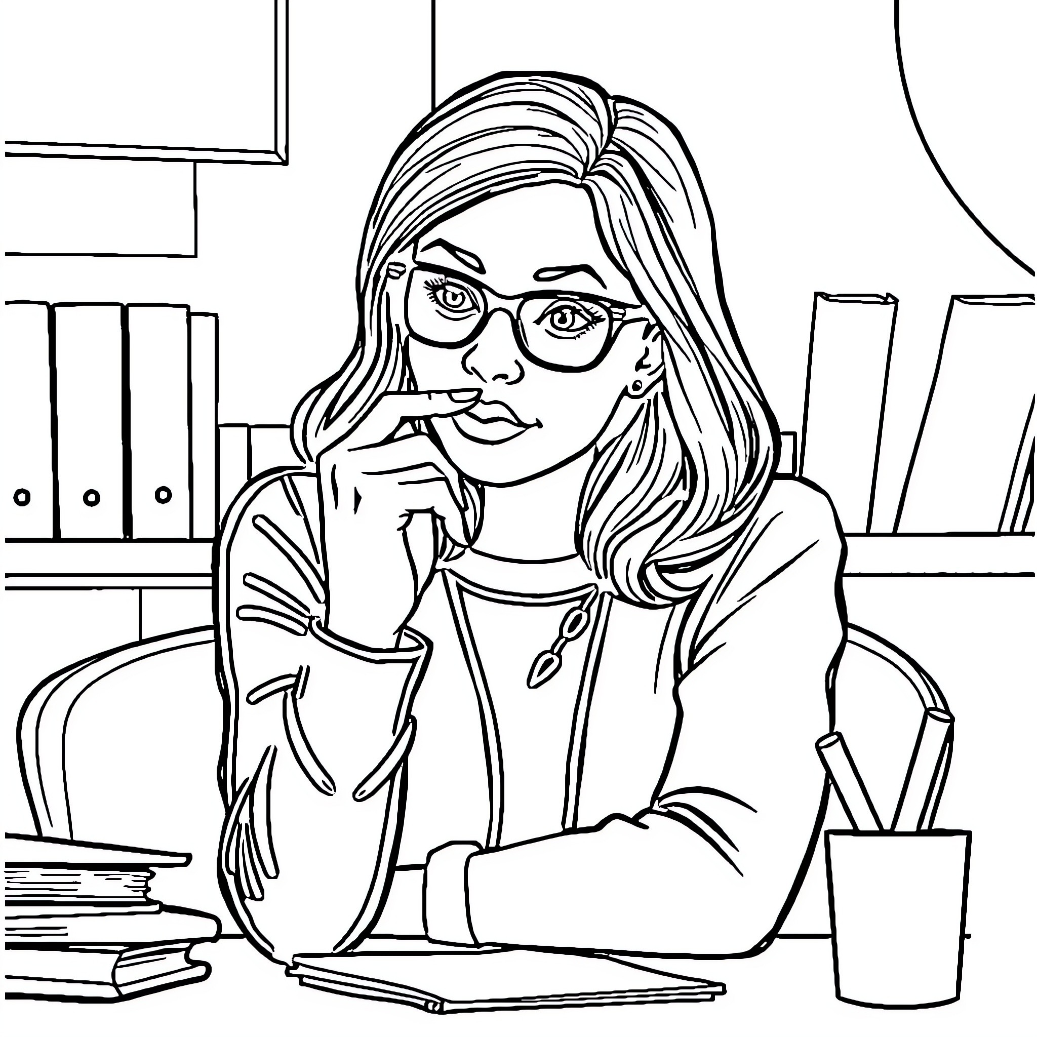 Lady in thoughtful pose at her desk Coloring Page (free black-and-white line drawing printable PDF for all, from beginners to advanced learners, including children, teens, adults, and seniors)