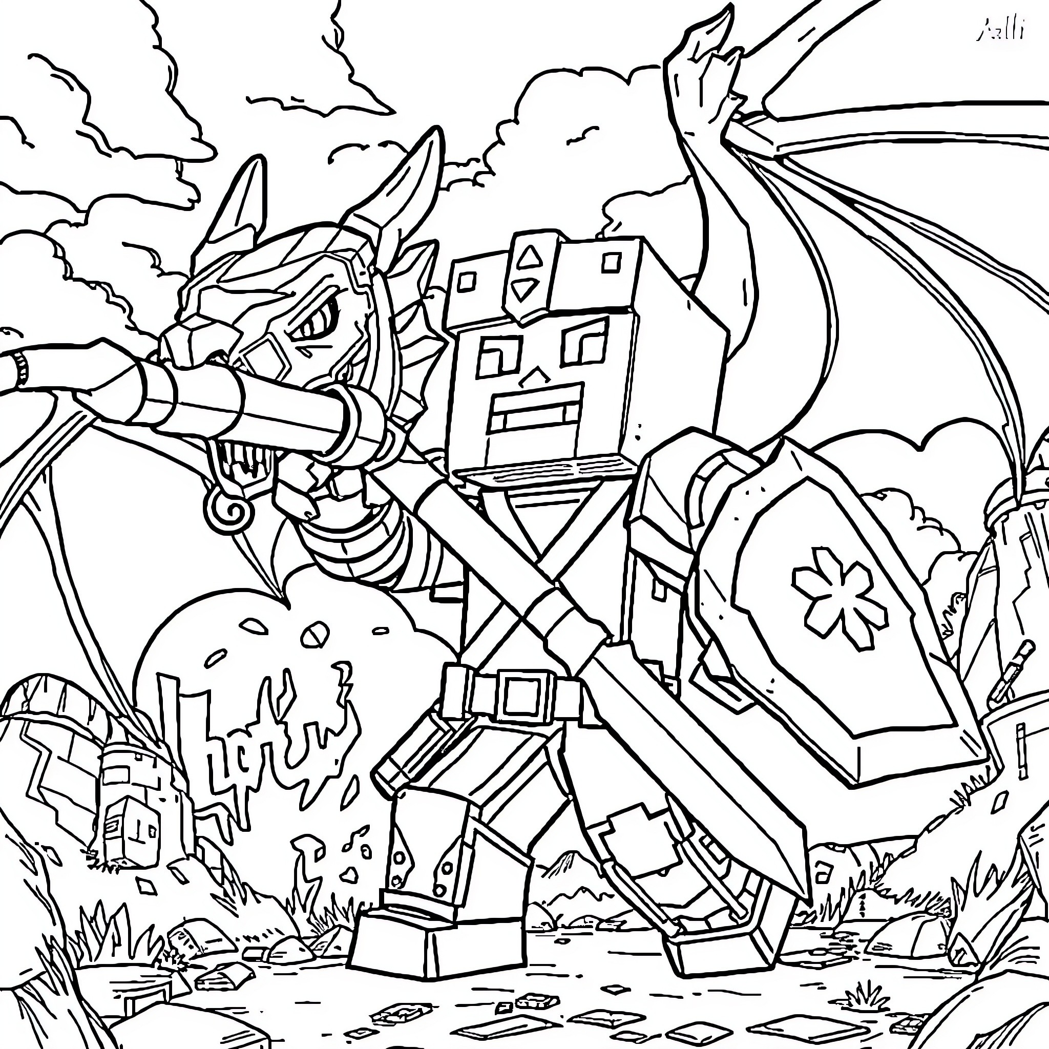 Minecraft Character Fighting a Mighty Dragon Coloring Page (free black-and-white line drawing printable PDF for all, from beginners to advanced learners, including children, teens, adults, and seniors)