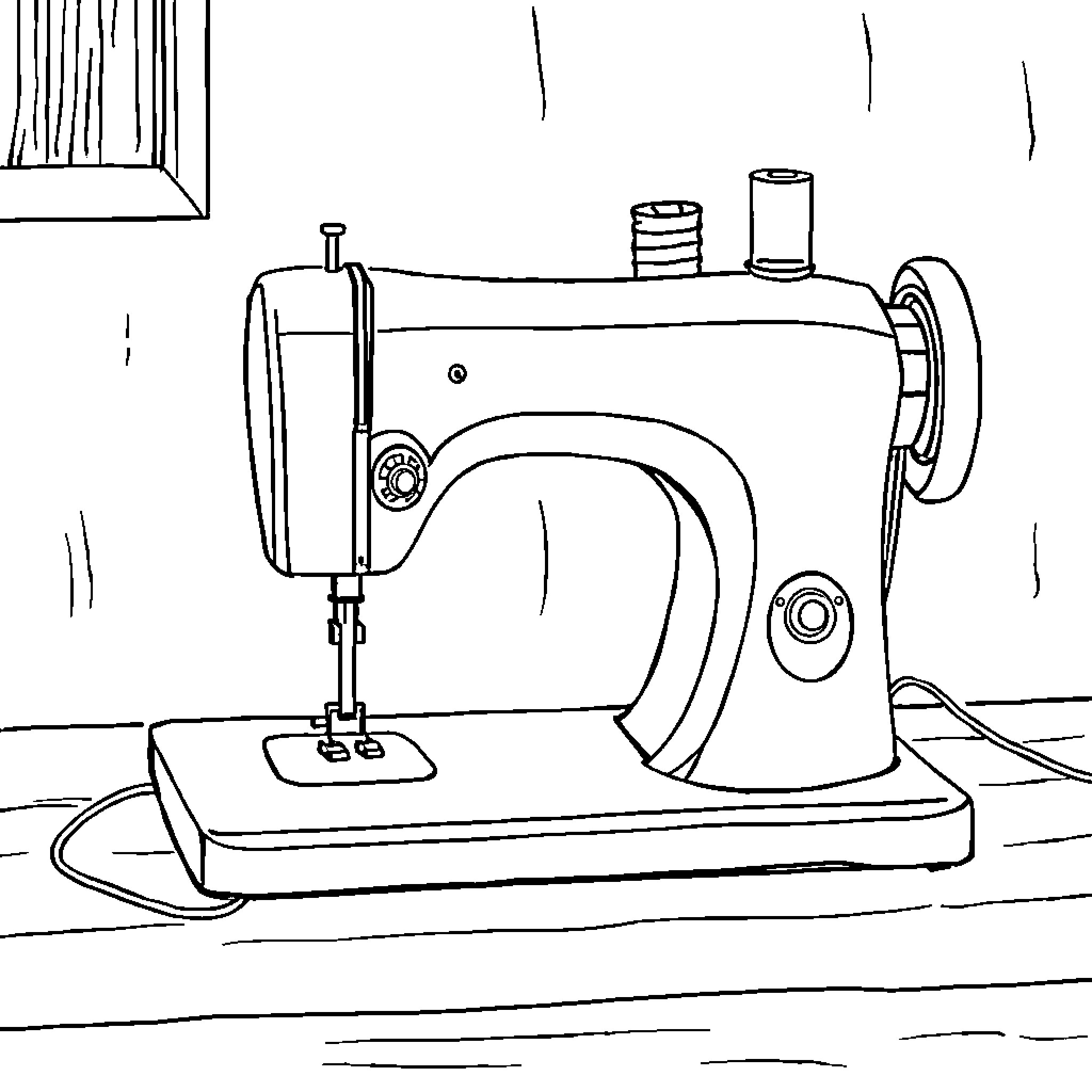 Sewing Machine in a Domestic Setting Coloring Page (free black-and-white line drawing printable PDF for all, from beginners to advanced learners, including children, teens, adults, and seniors)