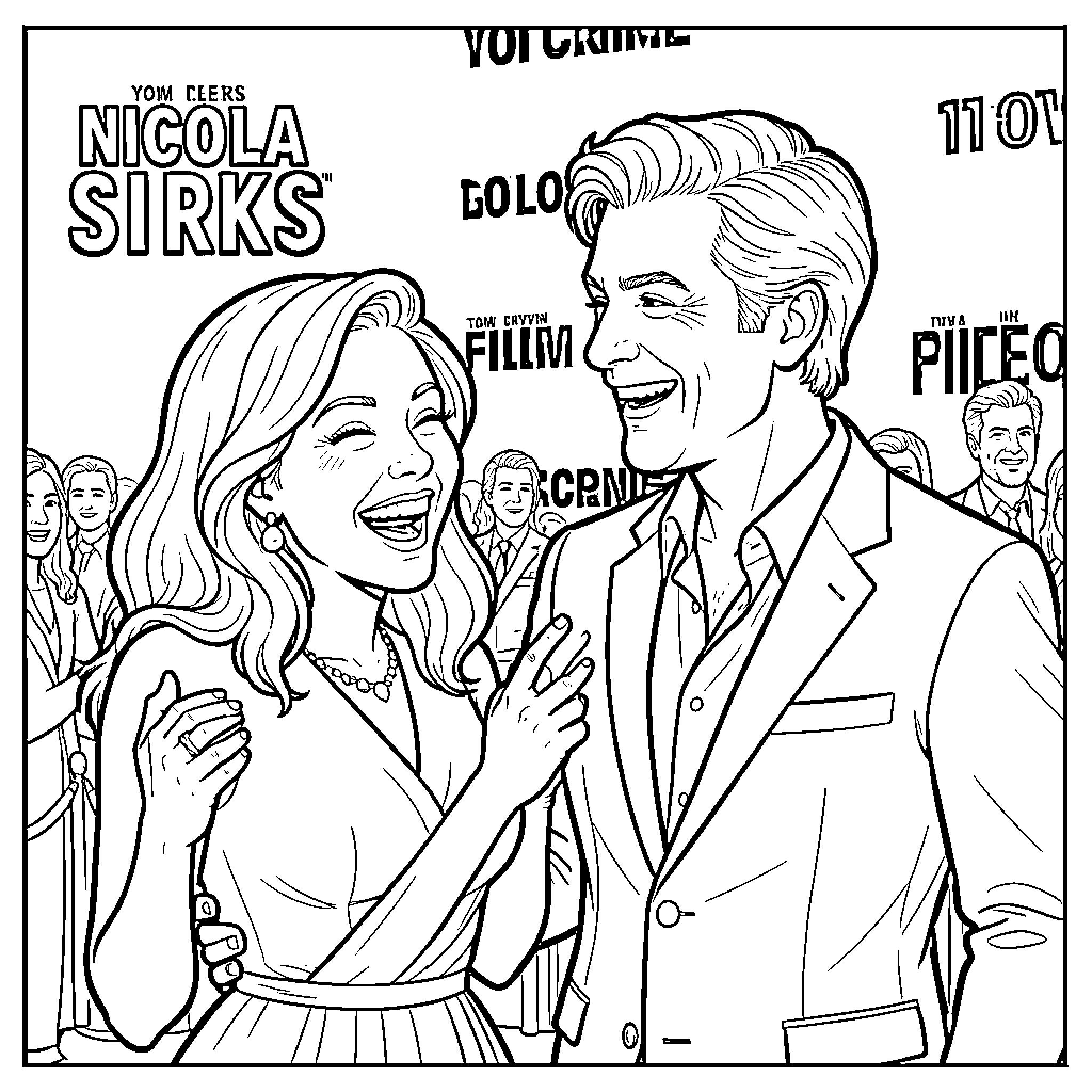 Nicola Sirkis at a glamorous event with smiling companion Coloring Page (free black-and-white line drawing printable PDF for all, from beginners to advanced learners, including children, teens, adults, and seniors)