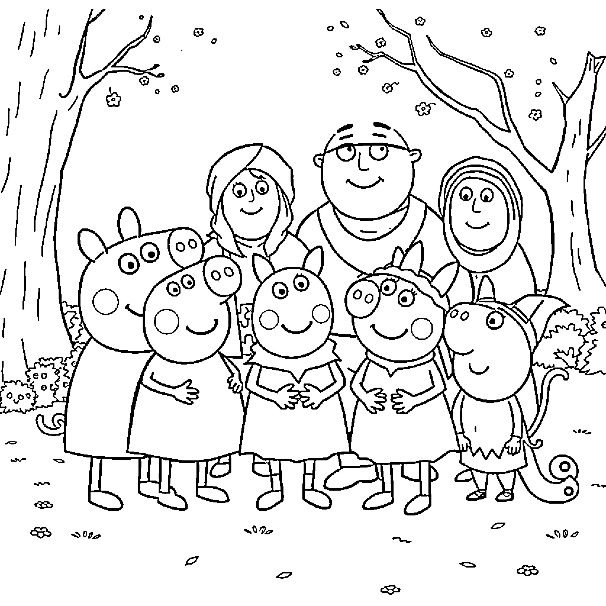 Peppa Pig and Family Enjoying Outdoor Adventure Coloring Page (free black-and-white line drawing printable PDF for all, from beginners to advanced learners, including children, teens, adults, and seniors)