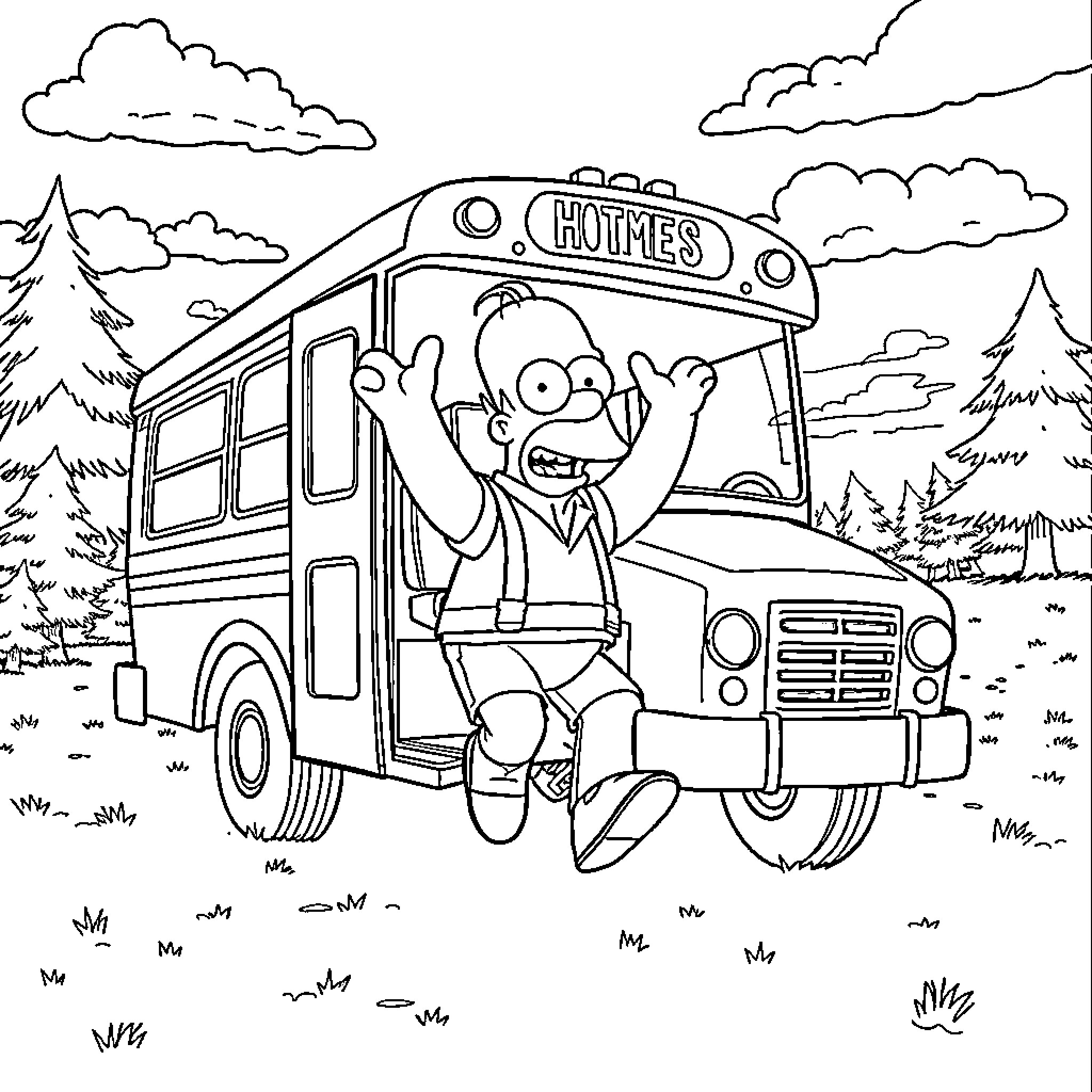 Homer Simpson waves from a school bus in a forest landscape Coloring Page (free black-and-white line drawing printable PDF for all, from beginners to advanced learners, including children, teens, adults, and seniors)