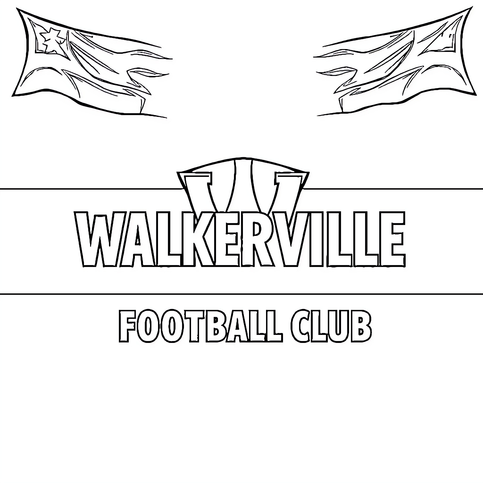 Football club with waving flags and team name Coloring Page (free black-and-white line drawing printable PDF for all, from beginners to advanced learners, including children, teens, adults, and seniors)
