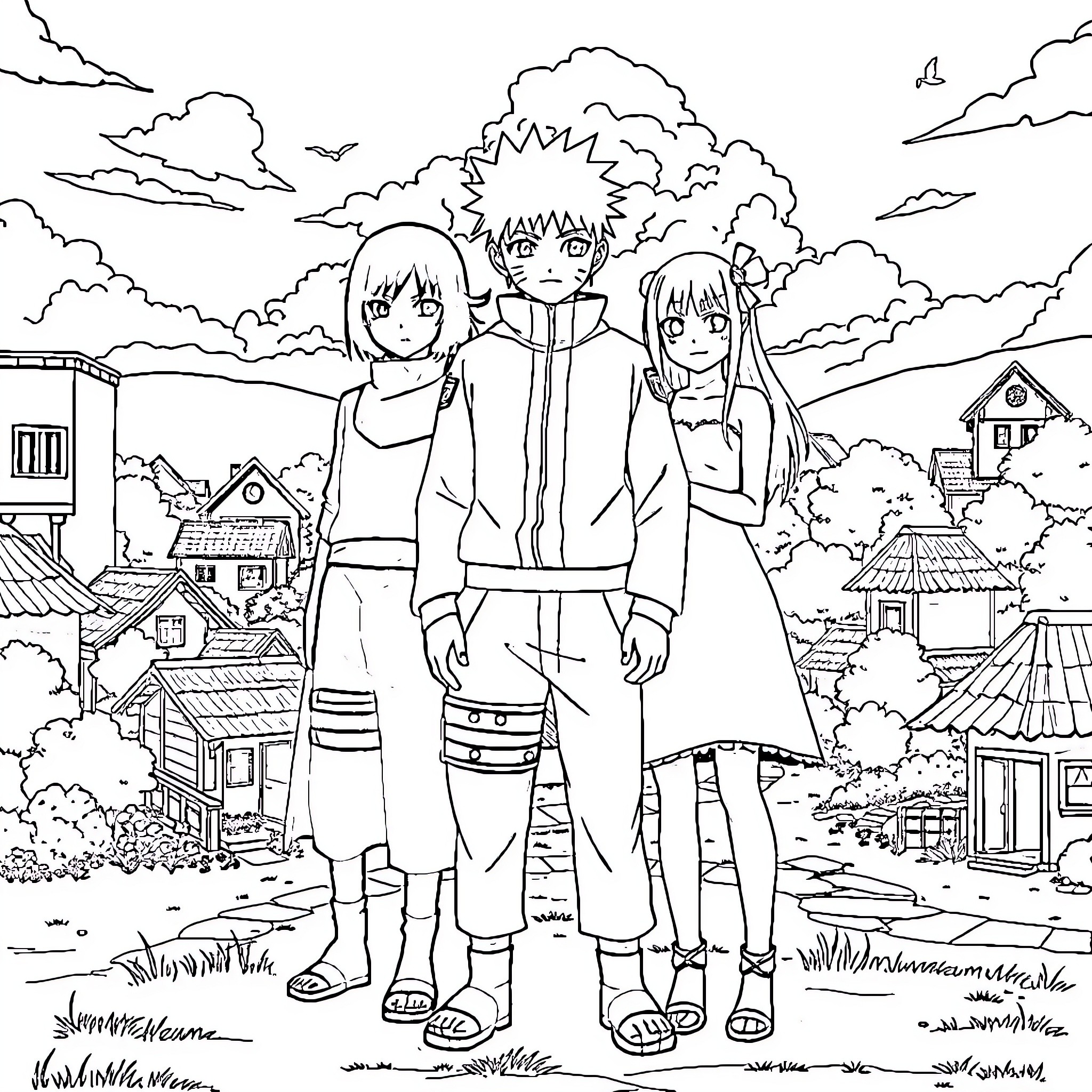 Naruto characters in a serene rural landscape Coloring Page (free black-and-white line drawing printable PDF for all, from beginners to advanced learners, including children, teens, adults, and seniors)