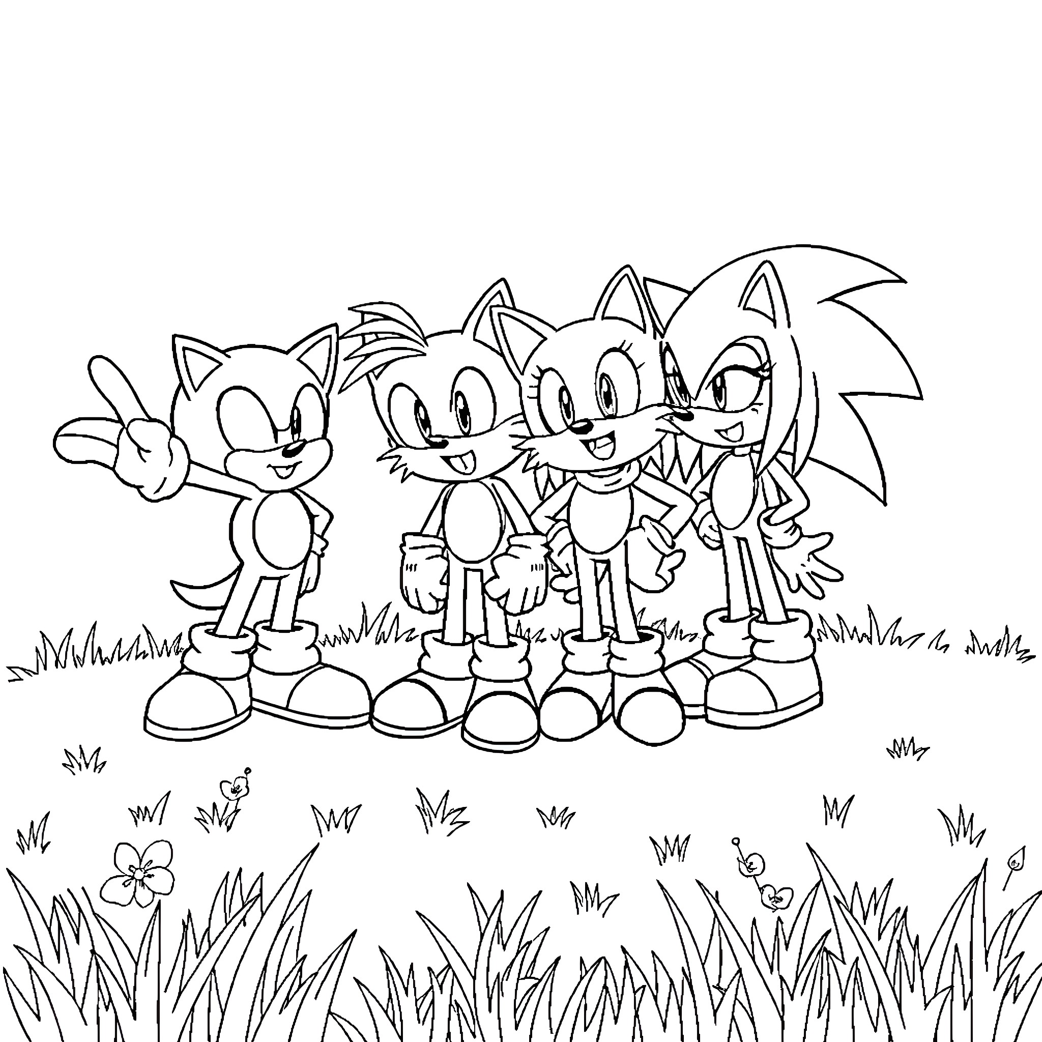 Sonic Character Group Posing Happily in a Grassy Meadow Coloring Page (free black-and-white line drawing printable PDF for all, from beginners to advanced learners, including children, teens, adults, and seniors)
