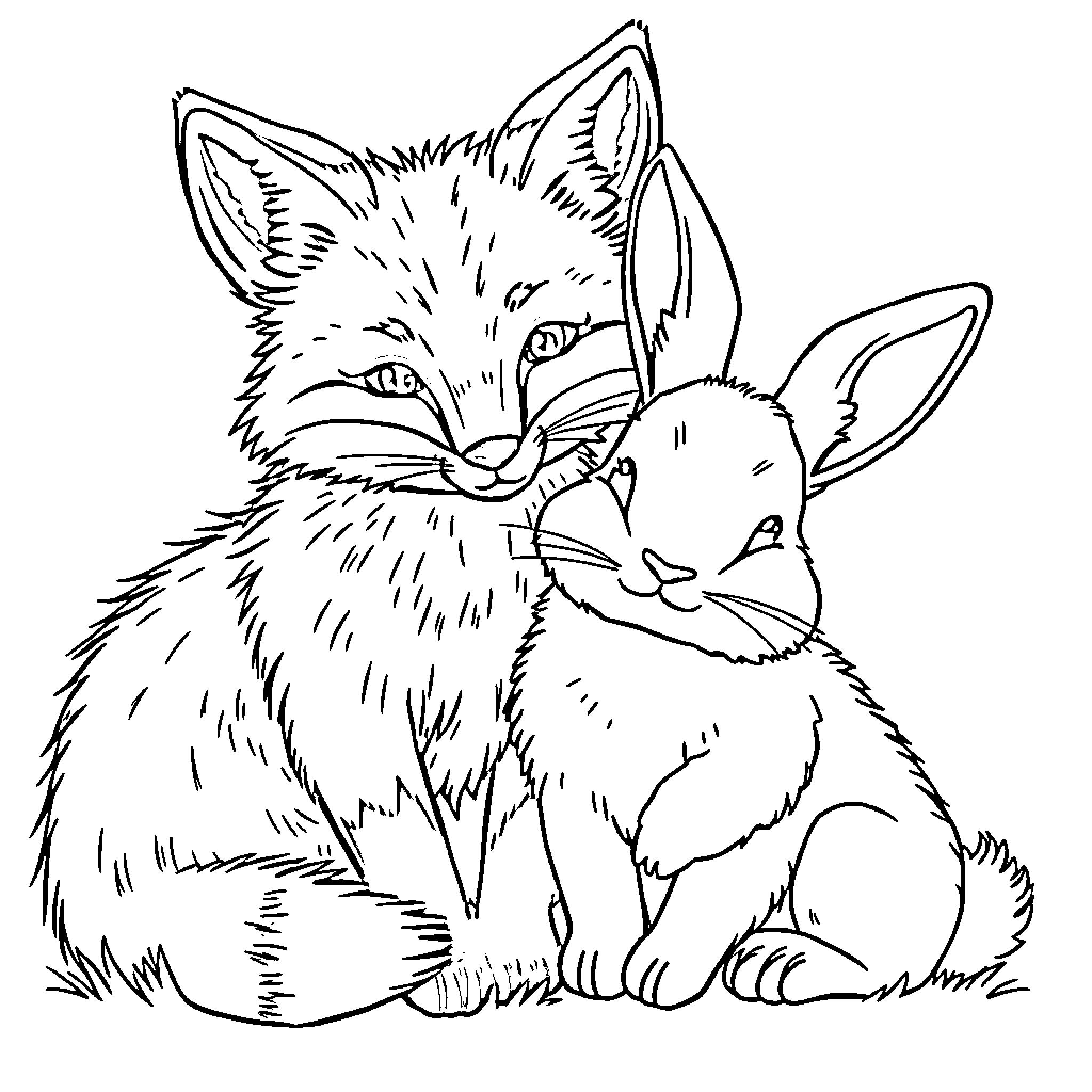 Fox and Rabbit Snuggling Affectionately Coloring Page (free black-and-white line drawing printable PDF for all, from beginners to advanced learners, including children, teens, adults, and seniors)