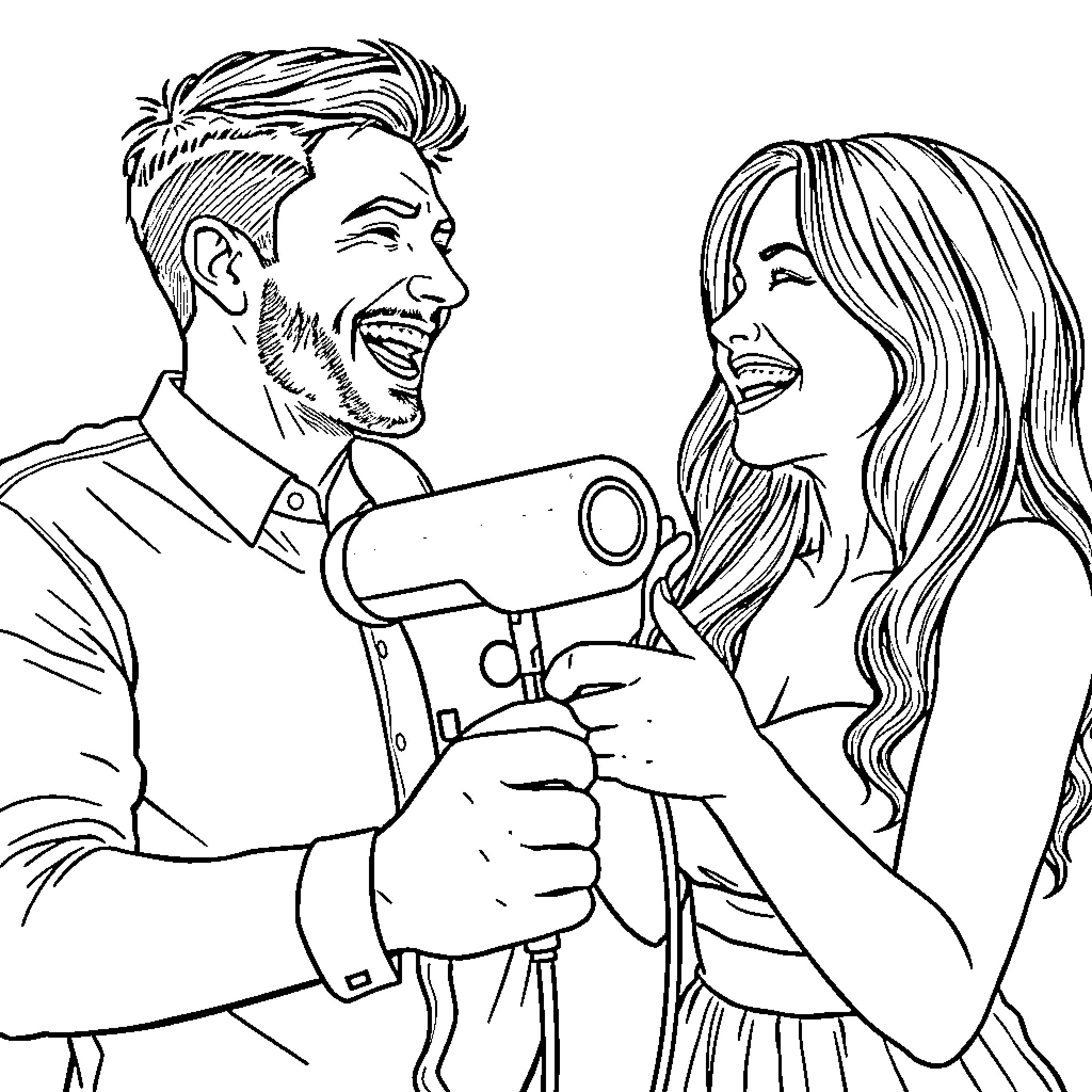 Man and Woman Joyfully Engaged in Conversation Coloring Page (free black-and-white line drawing printable PDF for all, from beginners to advanced learners, including children, teens, adults, and seniors)