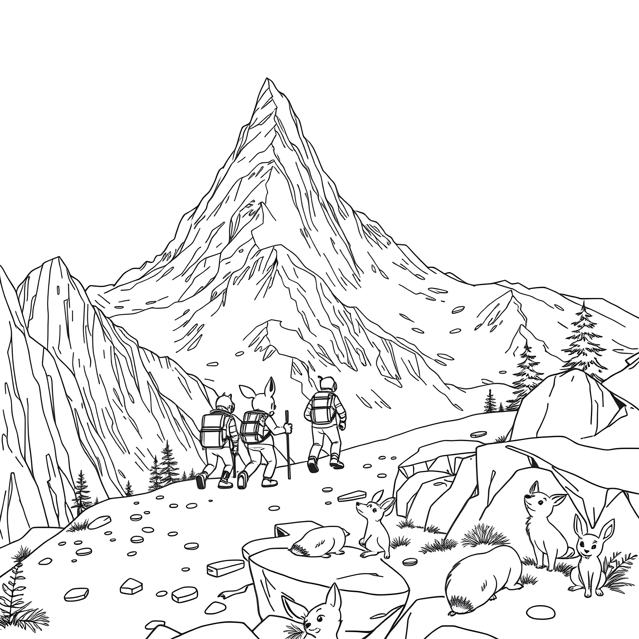 Disney Character Hikers Exploring Majestic Mountain Landscape Coloring Page (free black-and-white line drawing printable PDF for all, from beginners to advanced learners, including children, teens, adults, and seniors)