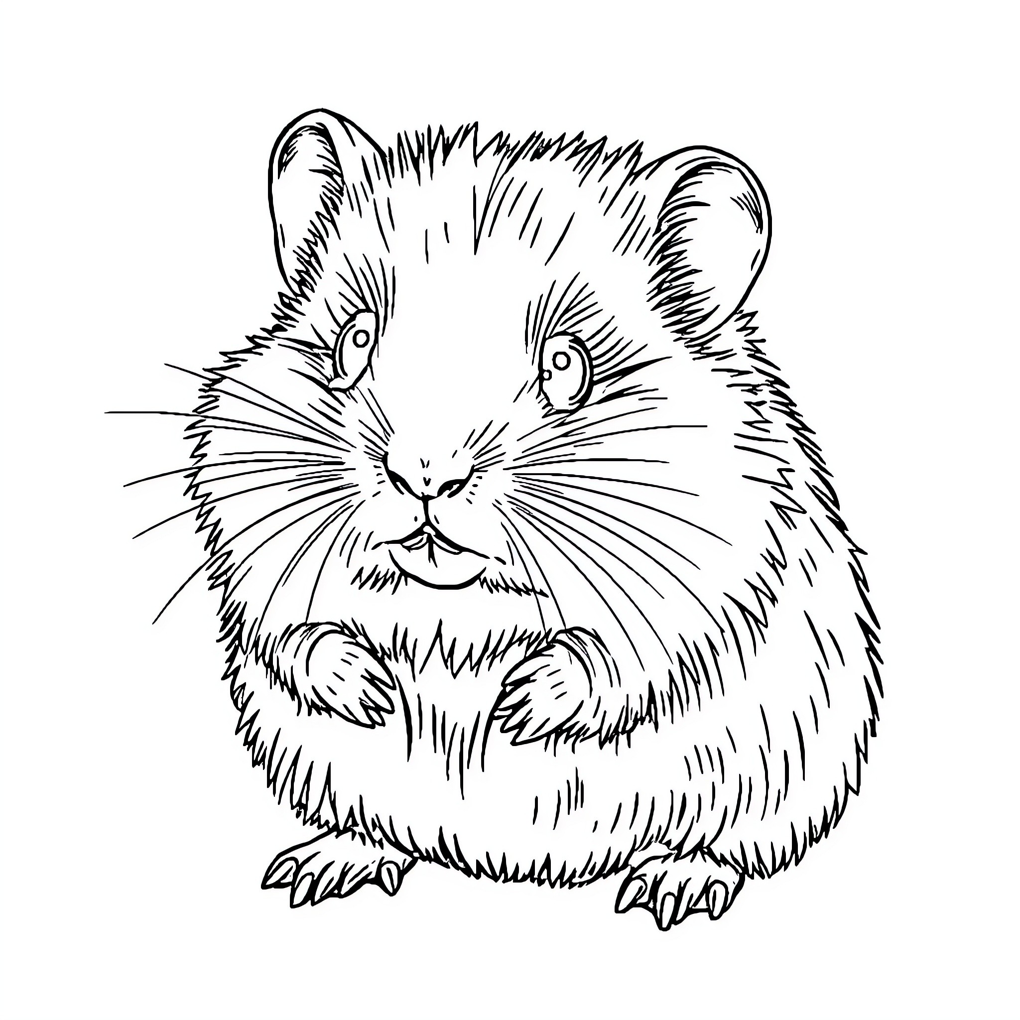 Hamster sitting with big eyes and furry body Coloring Page (free black-and-white line drawing printable PDF for all, from beginners to advanced learners, including children, teens, adults, and seniors)
