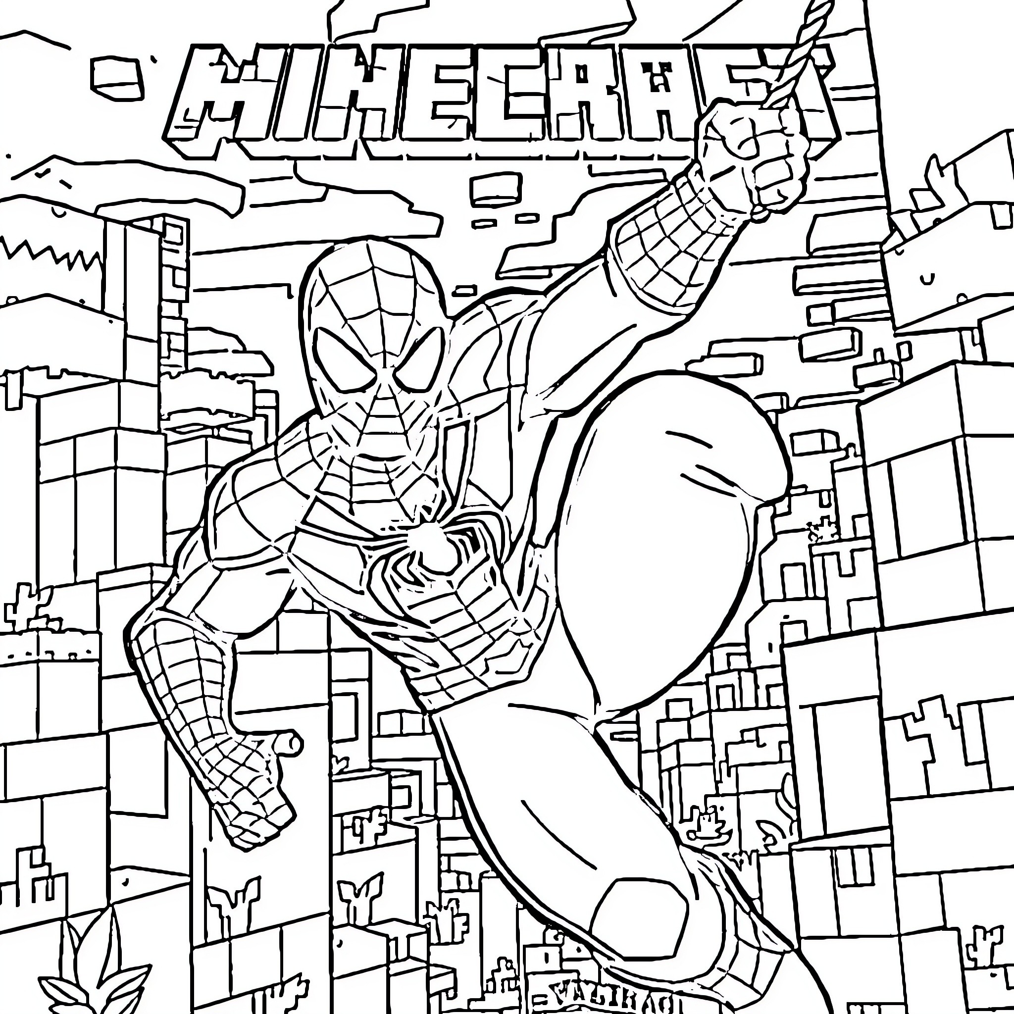 Minecraft Spiderman swinging through the city Coloring Page (free black-and-white line drawing printable PDF for all, from beginners to advanced learners, including children, teens, adults, and seniors)