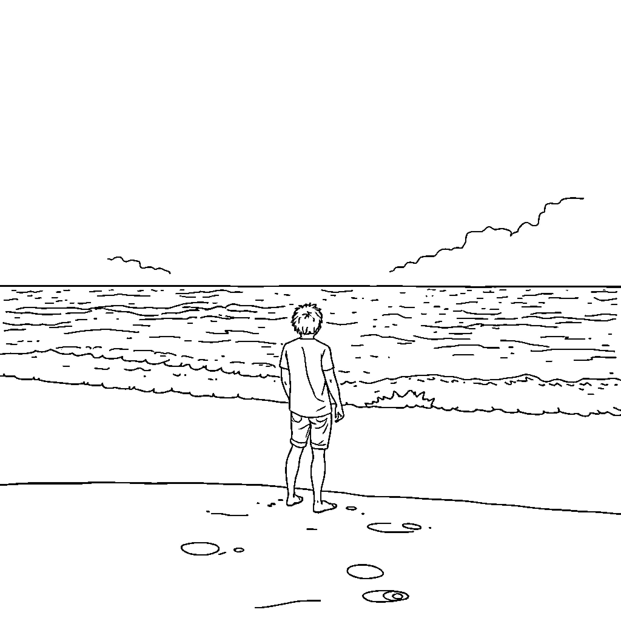 Person standing alone on the beach Coloring Page (free black-and-white line drawing printable PDF for all, from beginners to advanced learners, including children, teens, adults, and seniors)