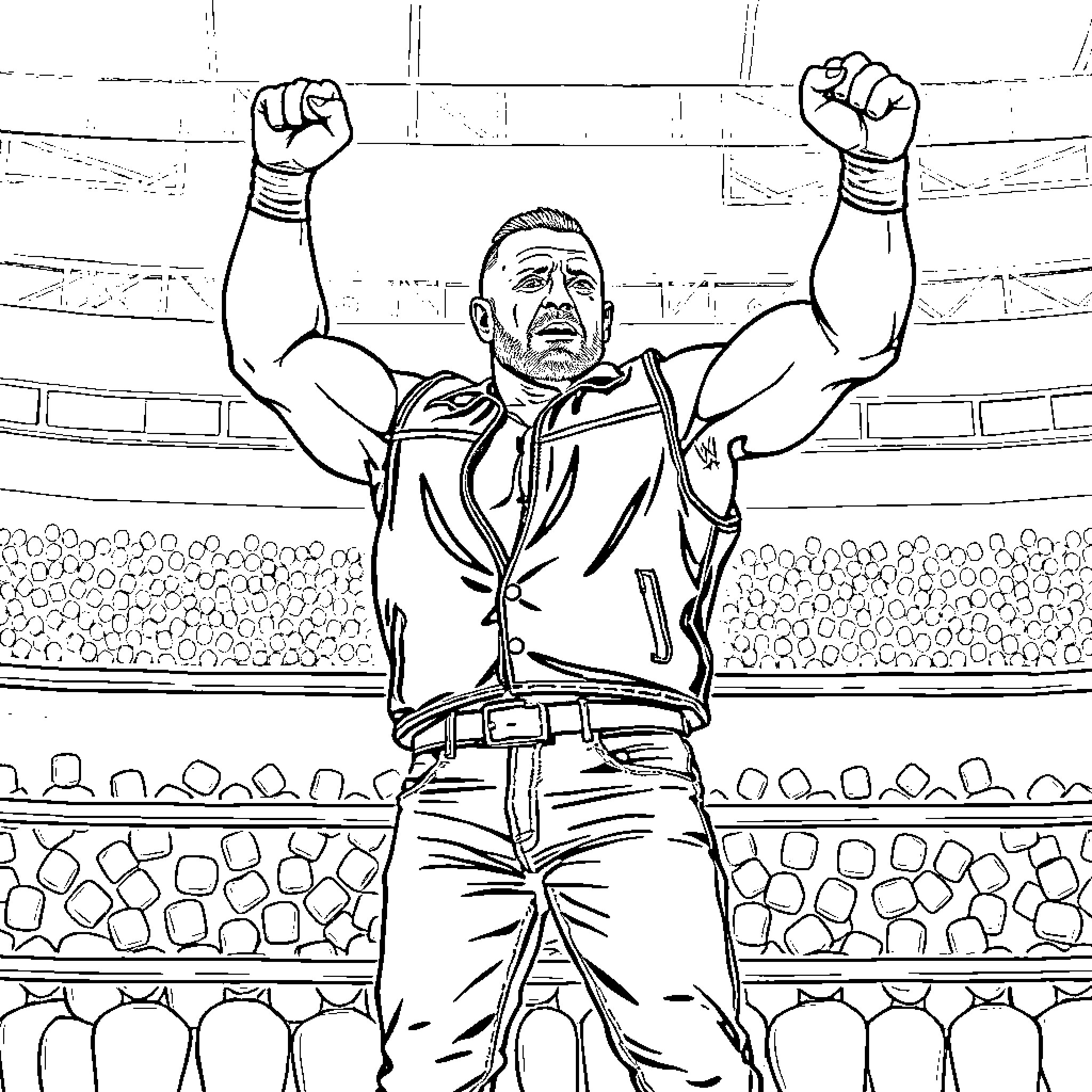 Steve Austin raises his arms in victory at the arena Coloring Page (free black-and-white line drawing printable PDF for all, from beginners to advanced learners, including children, teens, adults, and seniors)