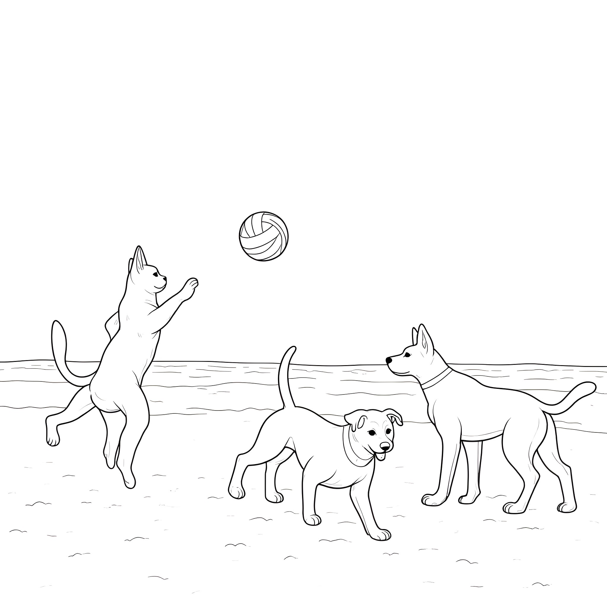 Cats playing with ball on beach Coloring Page (free black-and-white line drawing printable PDF for all, from beginners to advanced learners, including children, teens, adults, and seniors)