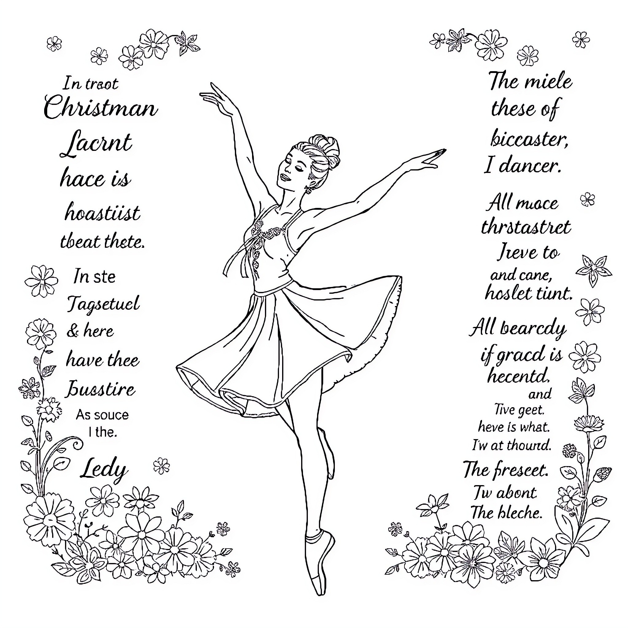 Ballerina performing graceful dance in floral scene Coloring Page (free black-and-white line drawing printable PDF for all, from beginners to advanced learners, including children, teens, adults, and seniors)