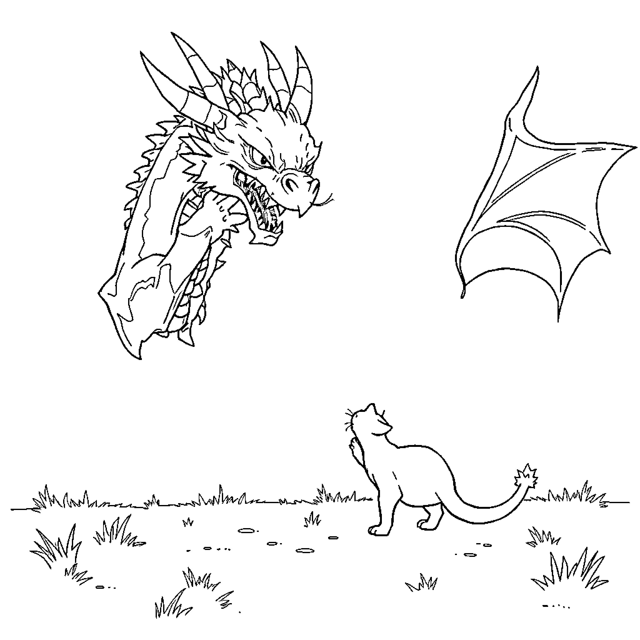 Cat monster and winged creature in fantasy scene Coloring Page (free black-and-white line drawing printable PDF for all, from beginners to advanced learners, including children, teens, adults, and seniors)