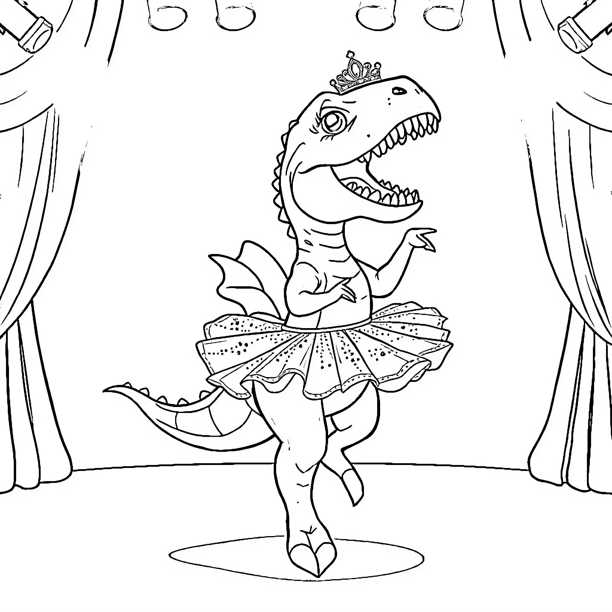Dinosaur ballerina performing on stage Coloring Page (free black-and-white line drawing printable PDF for all, from beginners to advanced learners, including children, teens, adults, and seniors)