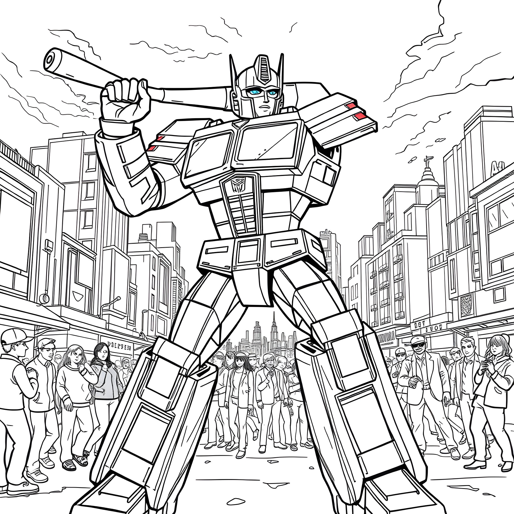 Optimus Prime Saving the City from Disaster Coloring Page (free black-and-white line drawing printable PDF for all, from beginners to advanced learners, including children, teens, adults, and seniors)
