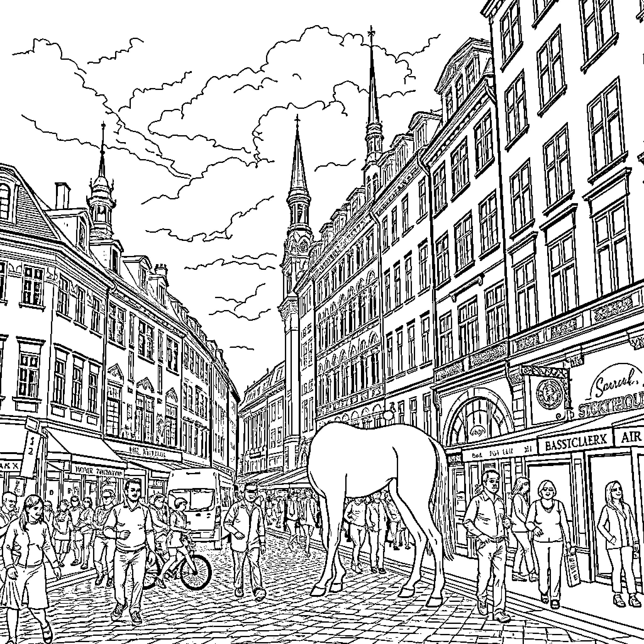 HUNTR/X Vibrant Street Scene with Towering Spires Coloring Page (free black-and-white line drawing printable PDF for all, from beginners to advanced learners, including children, teens, adults, and seniors)