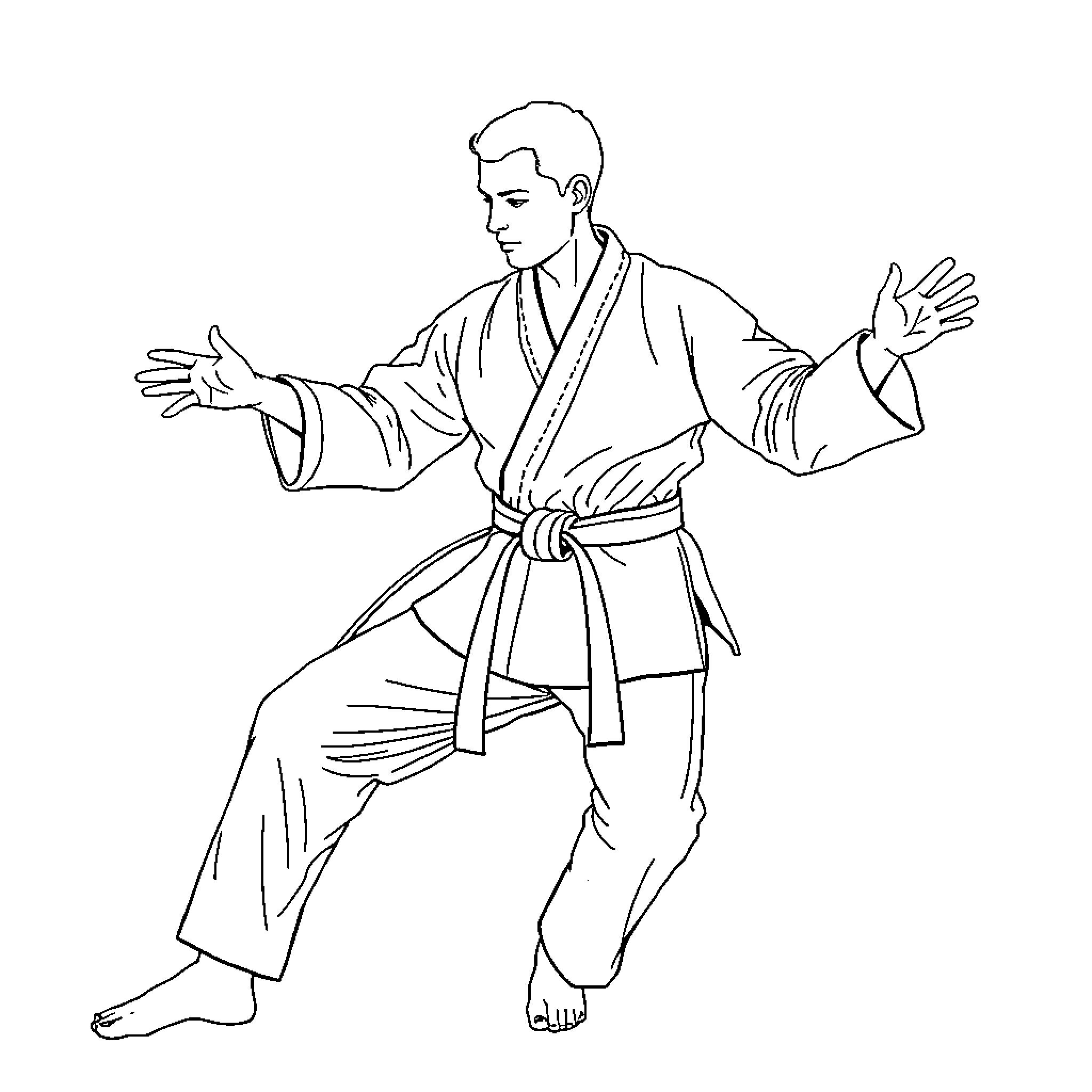 TaeKwon-Do Practitioner Performing Dynamic Kata Coloring Page (free black-and-white line drawing printable PDF for all, from beginners to advanced learners, including children, teens, adults, and seniors)