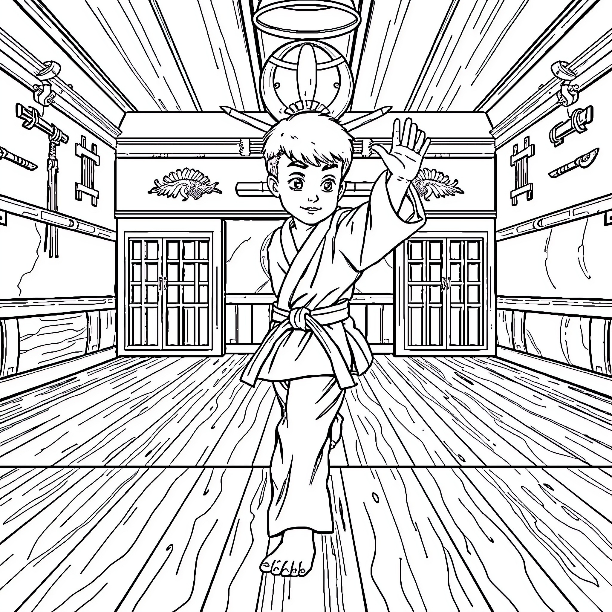 Karate Boy Performing Martial Arts Kata in Traditional Dojo Coloring Page (free black-and-white line drawing printable PDF for all, from beginners to advanced learners, including children, teens, adults, and seniors)