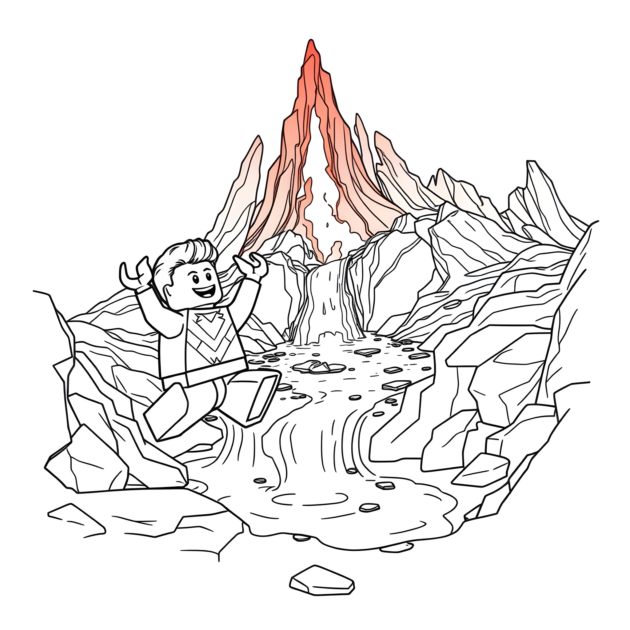 Lego Man exploring a fantastical mountain landscape Coloring Page (free black-and-white line drawing printable PDF for all, from beginners to advanced learners, including children, teens, adults, and seniors)