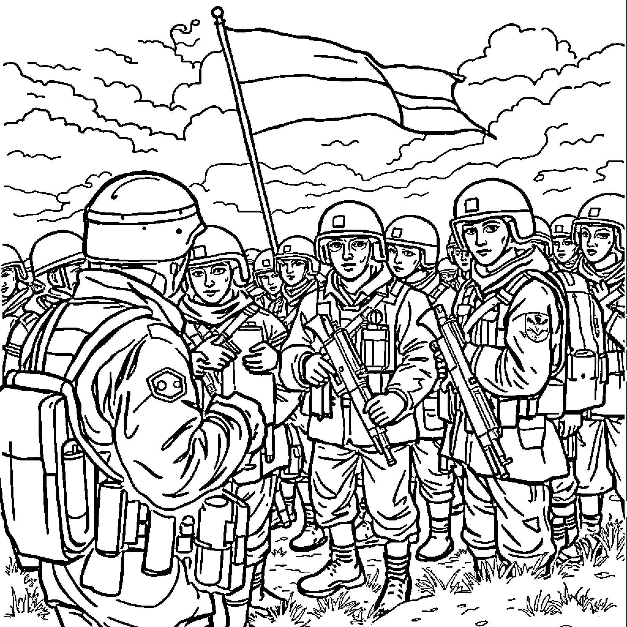 Soldier leading a group of armed personnel Coloring Page (free black-and-white line drawing printable PDF for all, from beginners to advanced learners, including children, teens, adults, and seniors)