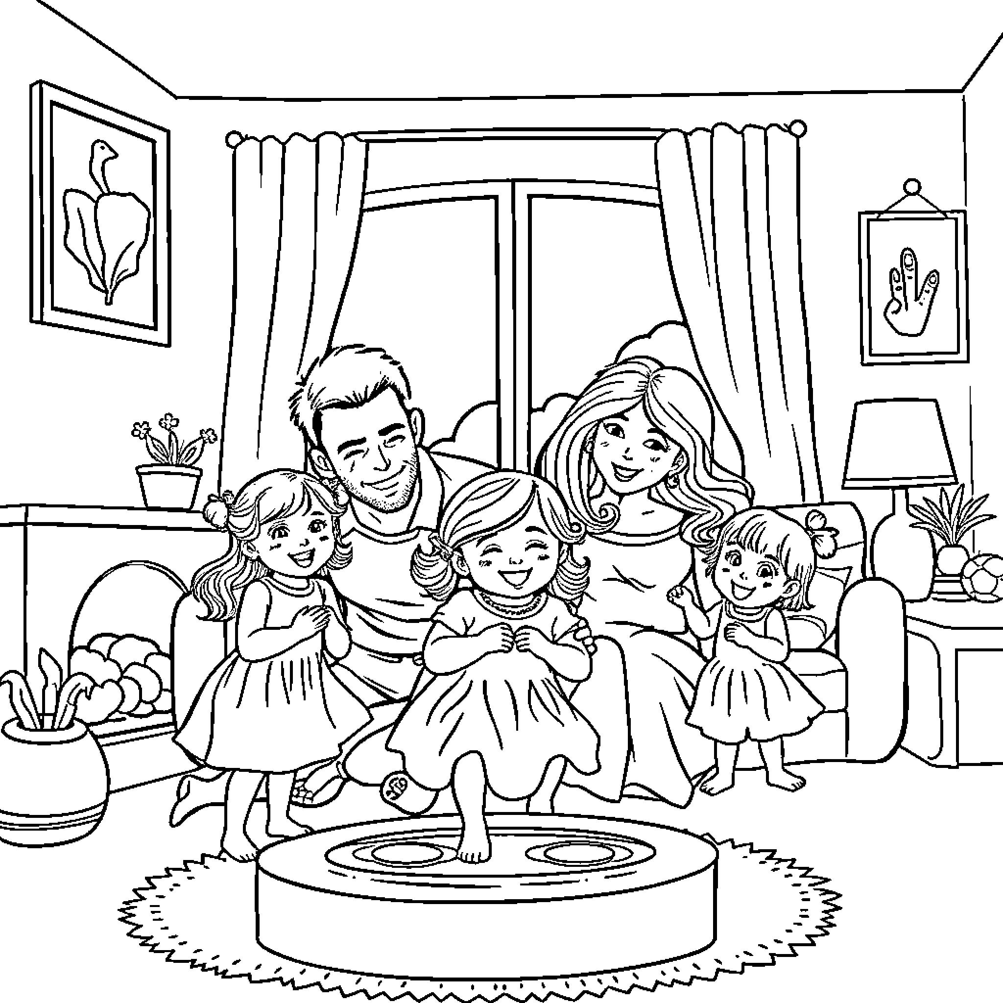 Family enjoying quality time together at home Coloring Page (free black-and-white line drawing printable PDF for all, from beginners to advanced learners, including children, teens, adults, and seniors)
