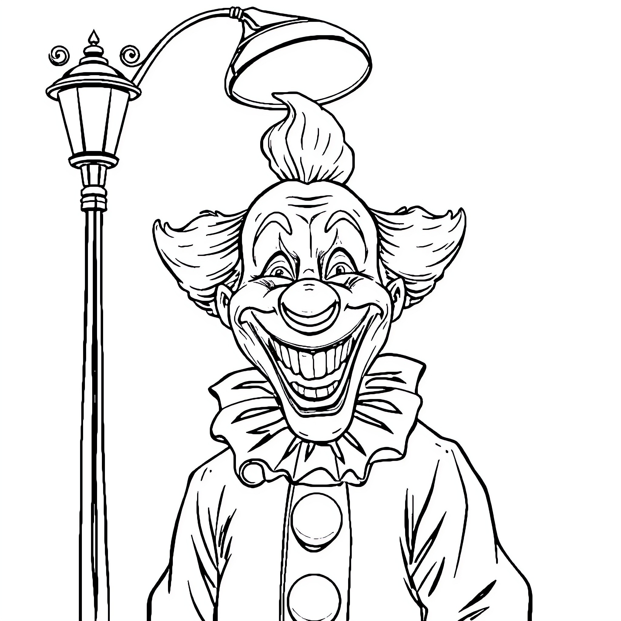 Clown with a Mischievous Grin under a Street Lamp Coloring Page (free black-and-white line drawing printable PDF for all, from beginners to advanced learners, including children, teens, adults, and seniors)