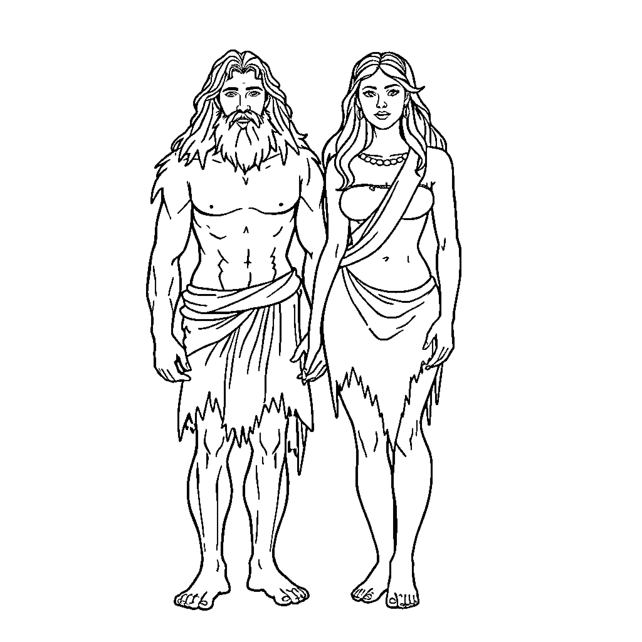 Adam and Eve in the Garden of Eden Coloring Page (free black-and-white line drawing printable PDF for all, from beginners to advanced learners, including children, teens, adults, and seniors)