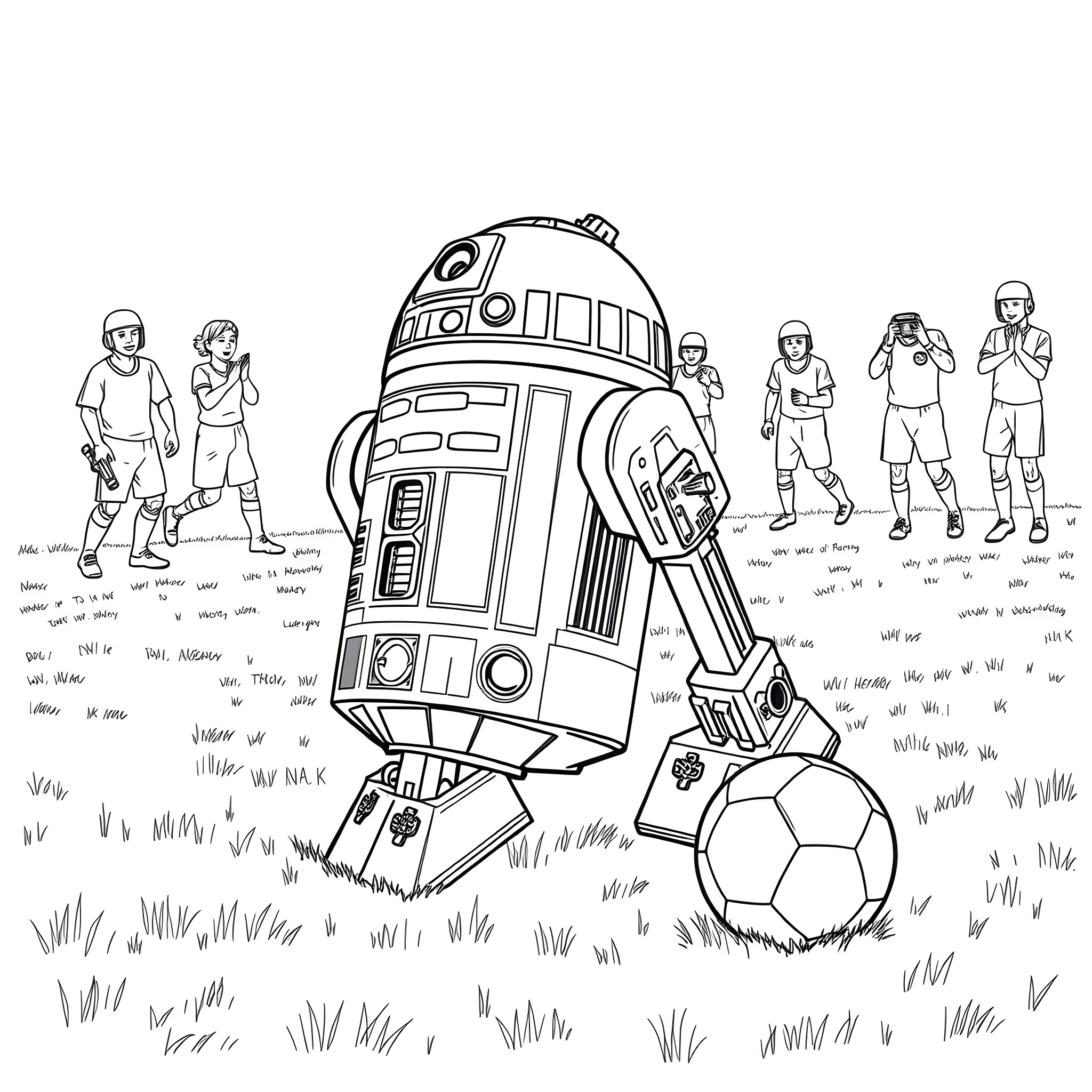 R2D2 playing soccer with Star Wars characters Coloring Page (free black-and-white line drawing printable PDF for all, from beginners to advanced learners, including children, teens, adults, and seniors)