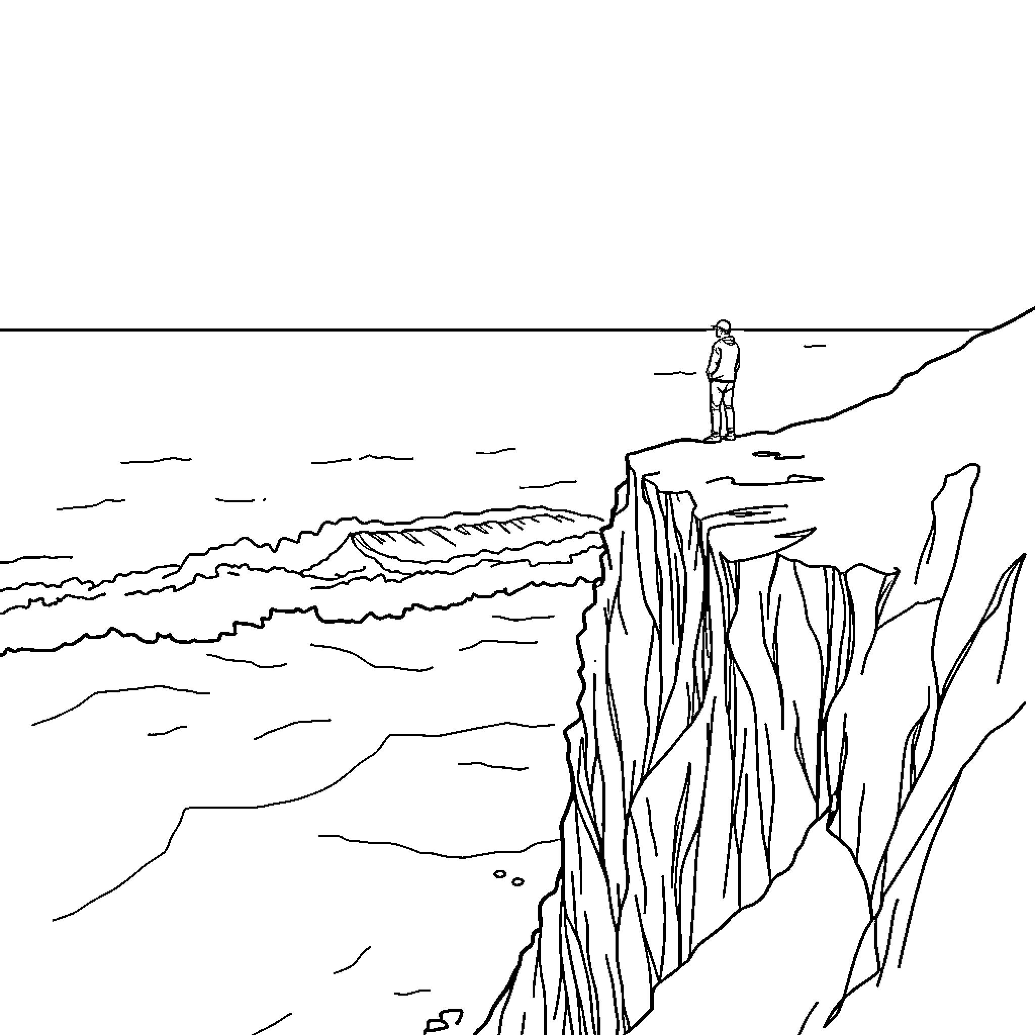 Man standing atop rocky cliff overlooking landscape Coloring Page (free black-and-white line drawing printable PDF for all, from beginners to advanced learners, including children, teens, adults, and seniors)