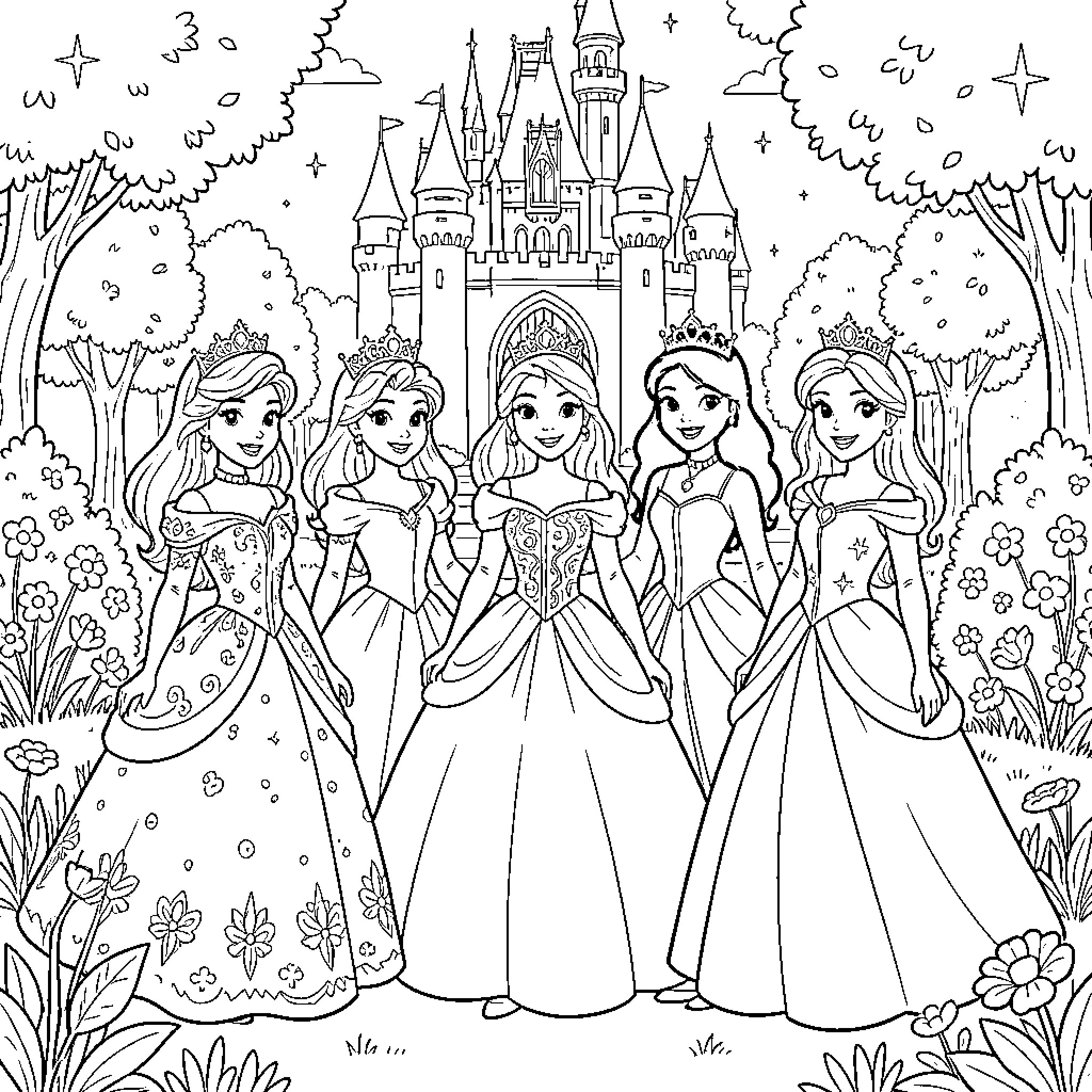 Disney Princess Fairytale Scene with Elegant Gowns Coloring Page (free black-and-white line drawing printable PDF for all, from beginners to advanced learners, including children, teens, adults, and seniors)