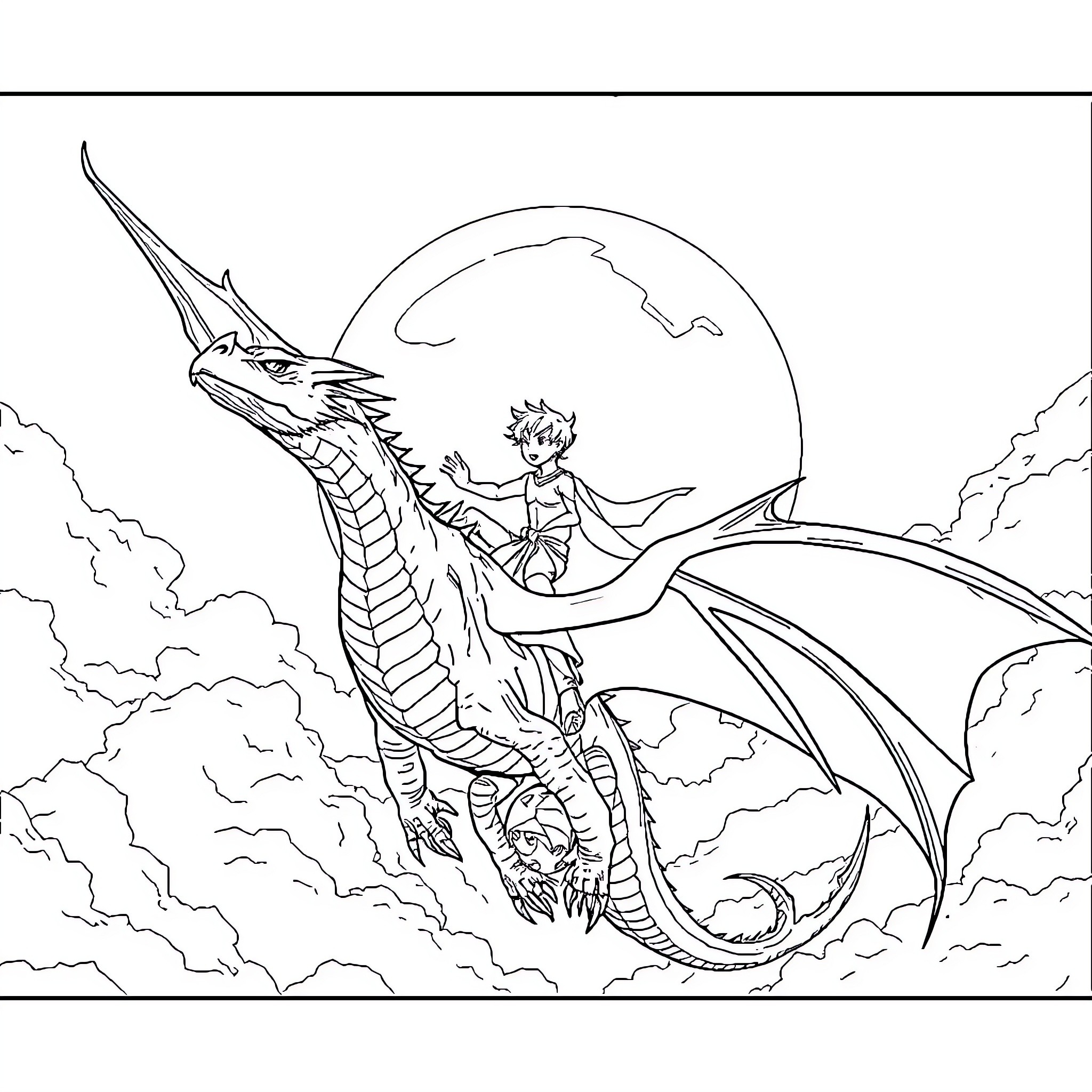 JJ Riding a Mythical Dragon in the Sky Coloring Page (free black-and-white line drawing printable PDF for all, from beginners to advanced learners, including children, teens, adults, and seniors)