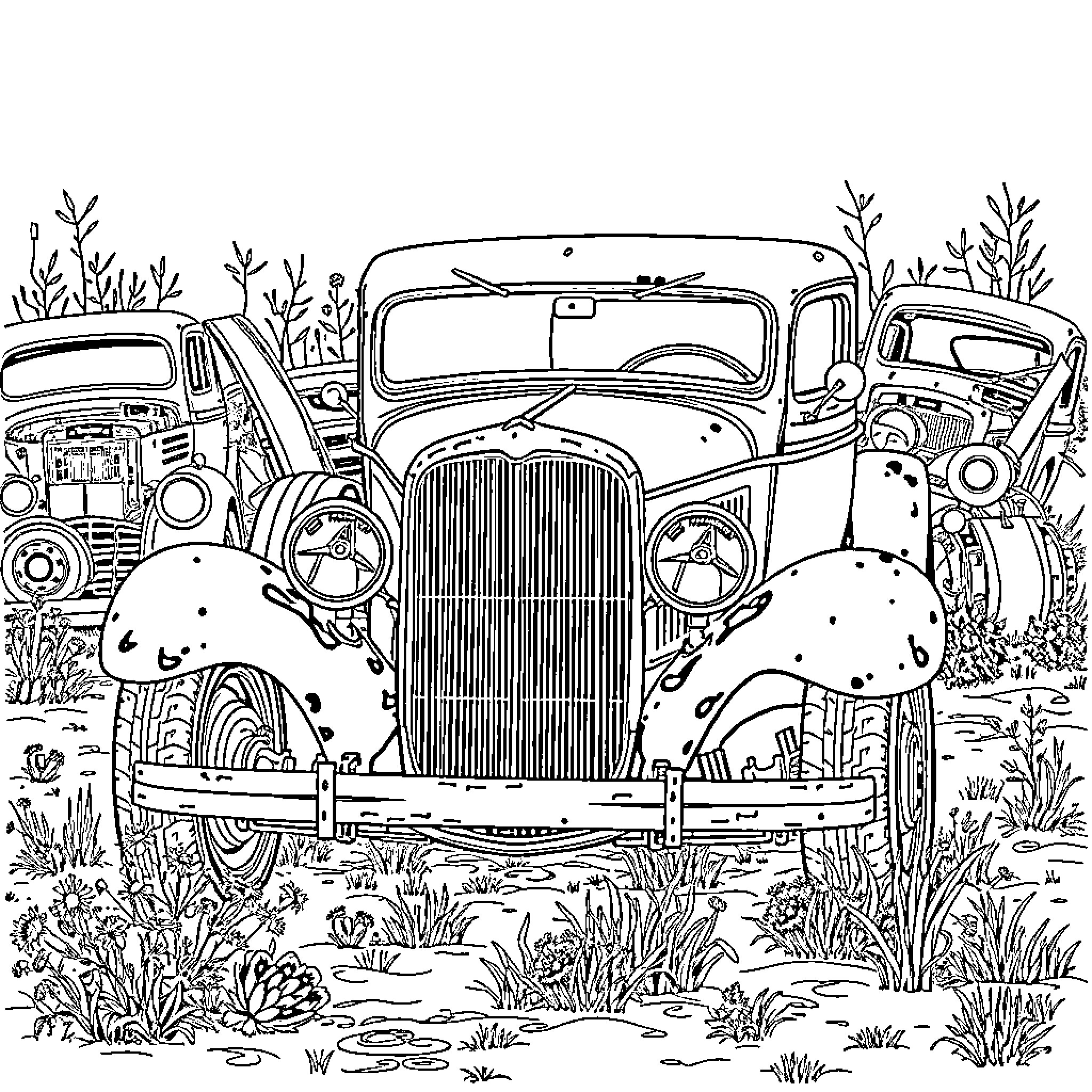 Chevy Vintage Automobiles in Rural Landscape Coloring Page (free black-and-white line drawing printable PDF for all, from beginners to advanced learners, including children, teens, adults, and seniors)