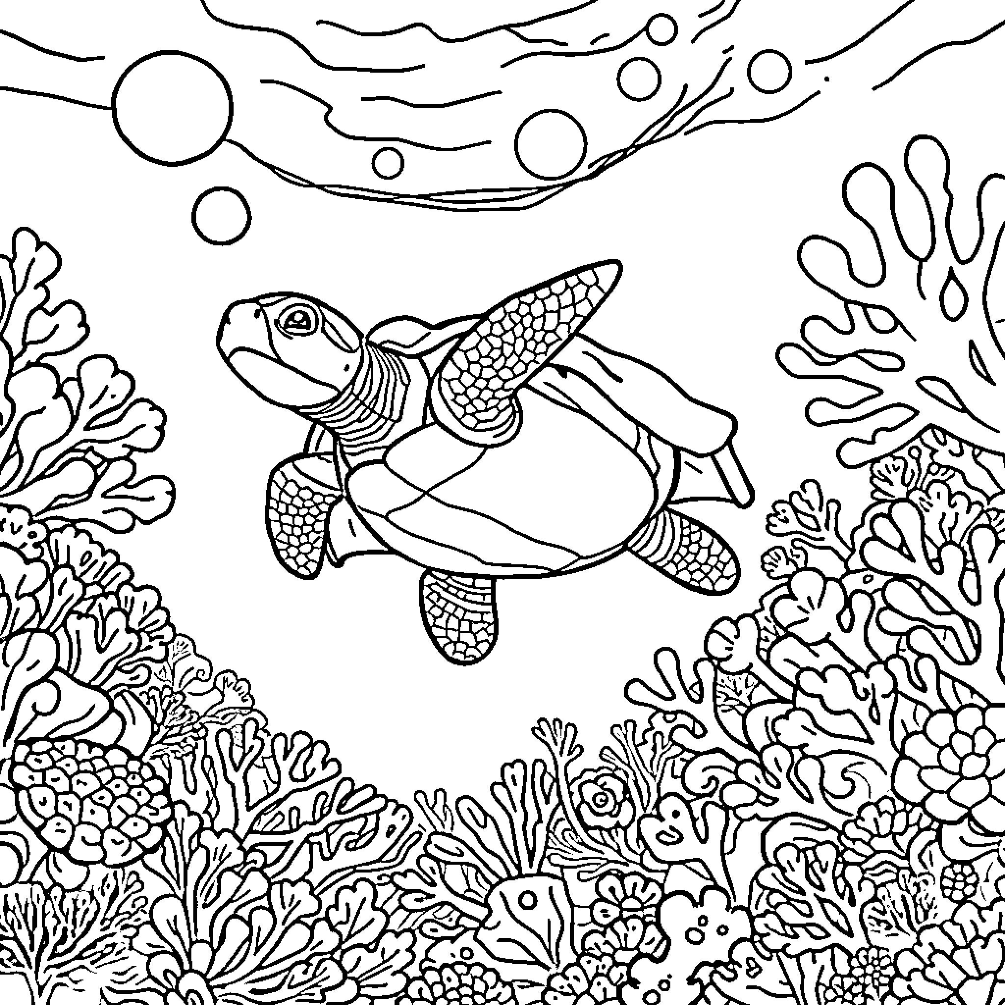 Sea Turtle swimming among coral reef Coloring Page (free black-and-white line drawing printable PDF for all, from beginners to advanced learners, including children, teens, adults, and seniors)
